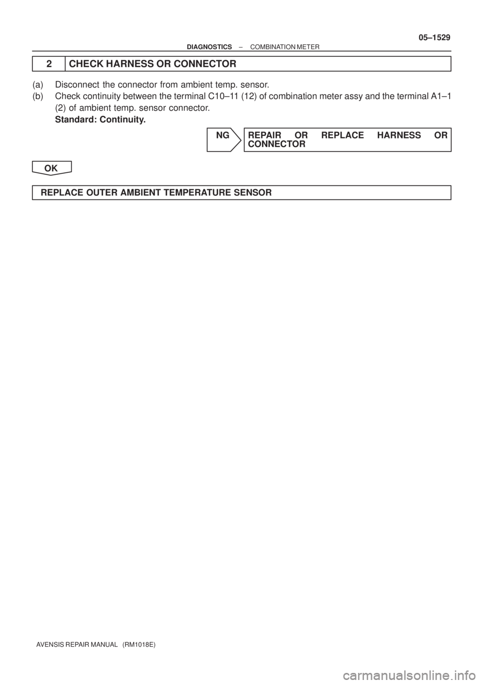 TOYOTA AVENSIS 2005  Service Repair Manual ± DIAGNOSTICSCOMBINATION METER
05±1529
AVENSIS REPAIR MANUAL   (RM1018E)
2 CHECK HARNESS OR CONNECTOR
(a) Disconnect  the connector from ambient temp. sensor.
(b) Check continuity between the termin