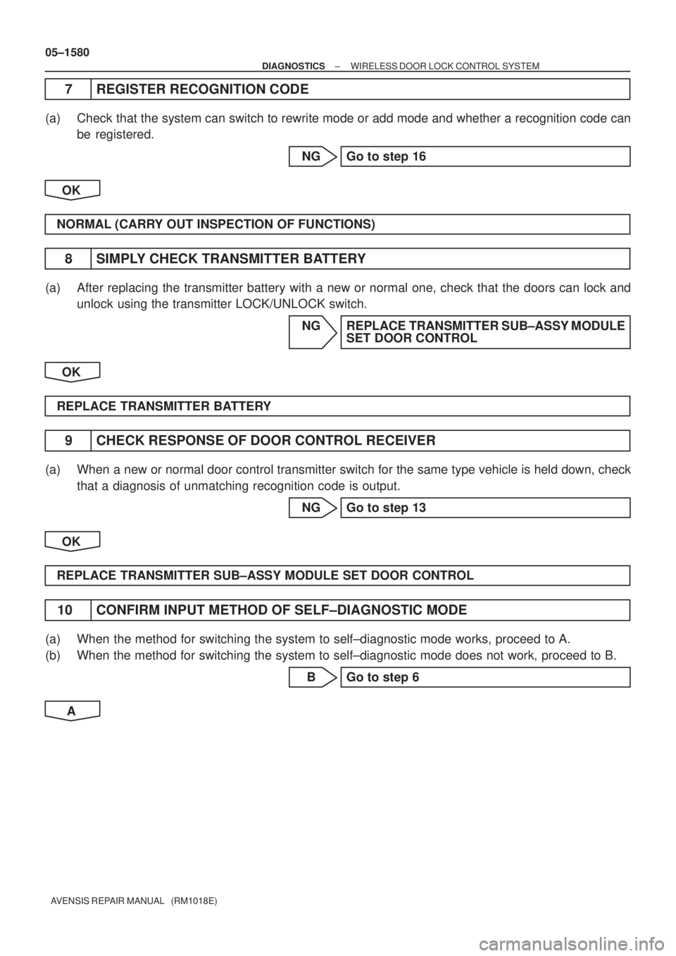 TOYOTA AVENSIS 2005 Service Repair Manual 05±1580
± DIAGNOSTICSWIRELESS DOOR LOCK CONTROL SYSTEM
AVENSIS REPAIR MANUAL (RM1018E)
7 REGISTER RECOGNITION CODE
(a) Check that the system can switch to rewrite mode or add mode and whether a re TOYOTA AVENSIS 2005 Service Repair Manual 05±1580
± DIAGNOSTICSWIRELESS DOOR LOCK CONTROL SYSTEM
AVENSIS REPAIR MANUAL (RM1018E)
7 REGISTER RECOGNITION CODE
(a) Check that the system can switch to rewrite mode or add mode and whether a re