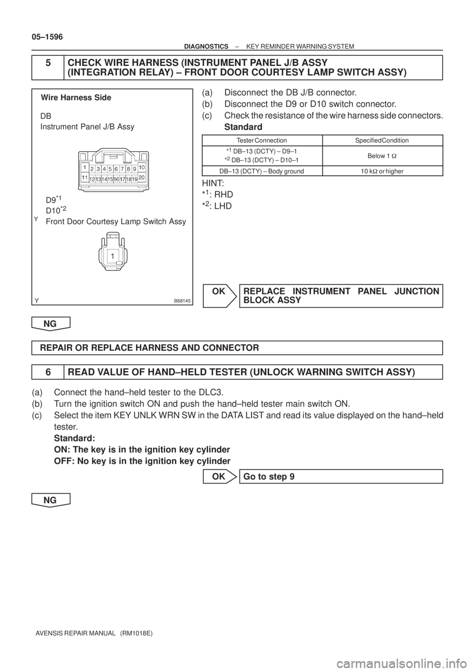 TOYOTA AVENSIS 2005  Service Repair Manual B68145
D9*1
D10*2 
Front Door Courtesy Lamp Switch Assy DB 
Instrument Panel J/B AssyWire Harness Side
05±1596
± DIAGNOSTICSKEY REMINDER WARNING SYSTEM
AVENSIS REPAIR MANUAL   (RM1018E)
5 CHECK WIRE