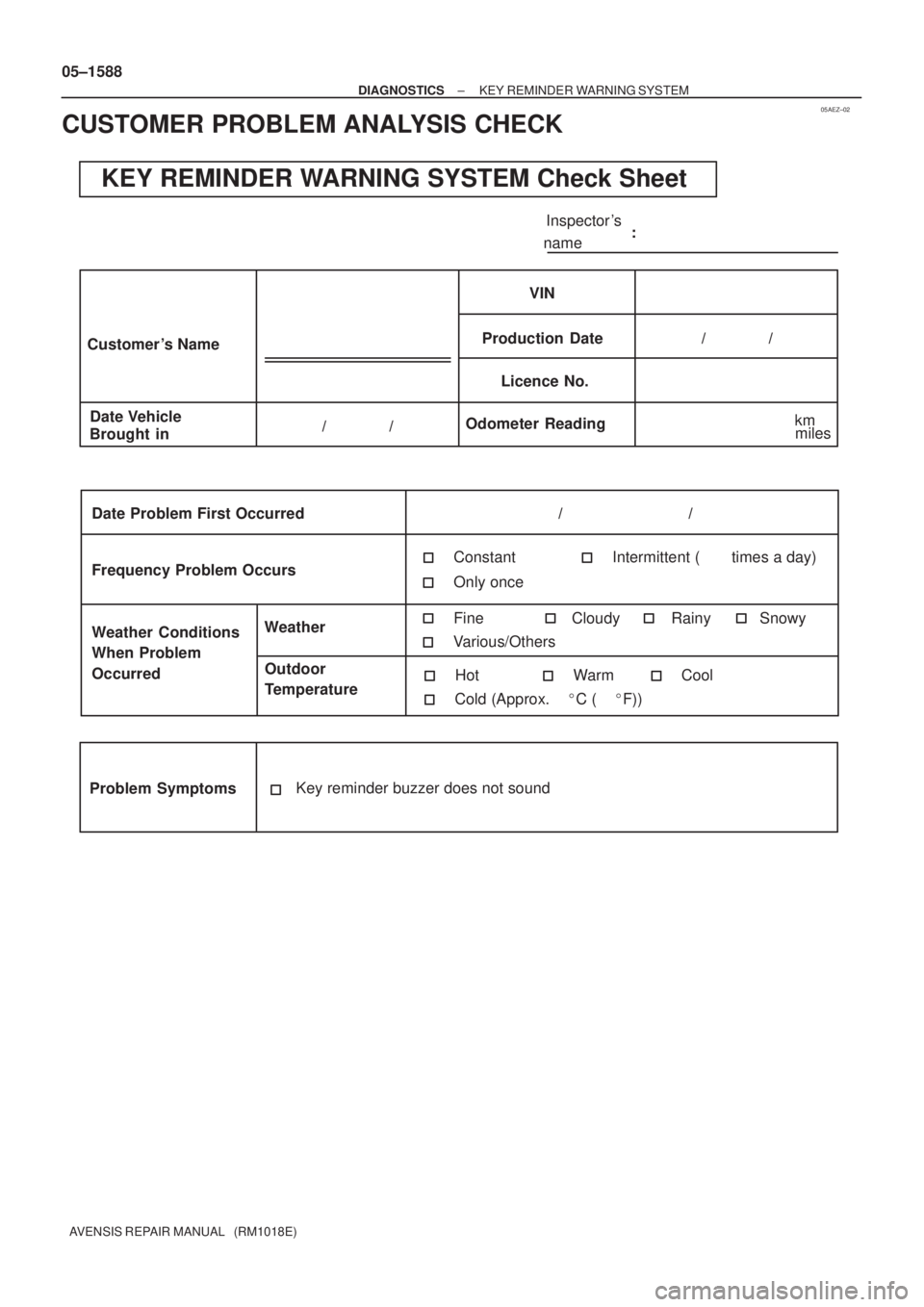 TOYOTA AVENSIS 2005  Service Repair Manual 05AEZ±02
KEY REMINDER WARNING SYSTEM Check Sheet
Inspector s
name:
Customer s Name
Date Vehicle
Brought inProduction DateVIN
Licence No.
Odometer Reading/              /
/              /
Date Probl