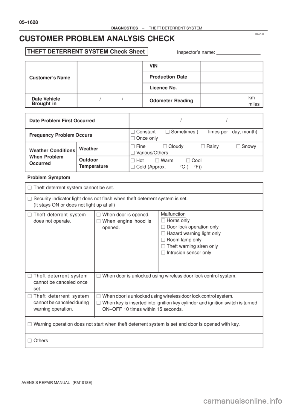 TOYOTA AVENSIS 2005  Service Repair Manual 05BA7±01
THEFT DETERRENT SYSTEM Check SheetInspector s name:
Customer s Name
Date VehicleVIN
Production Date
Licence No.
Odometer Reading              /               /km
miles
Weather Conditions
W