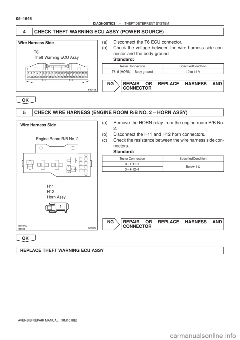 TOYOTA AVENSIS 2005  Service Repair Manual B63408
Wire Harness Side
T6
Theft Warning ECU Assy

B68387
Wire Harness Side
H11
H12
Horn Assy Engine Room R/B No. 2
1
05±1646
± DIAGNOSTICSTHEFT DETERRENT SYSTEM
AVENSIS REPAIR MANUAL  