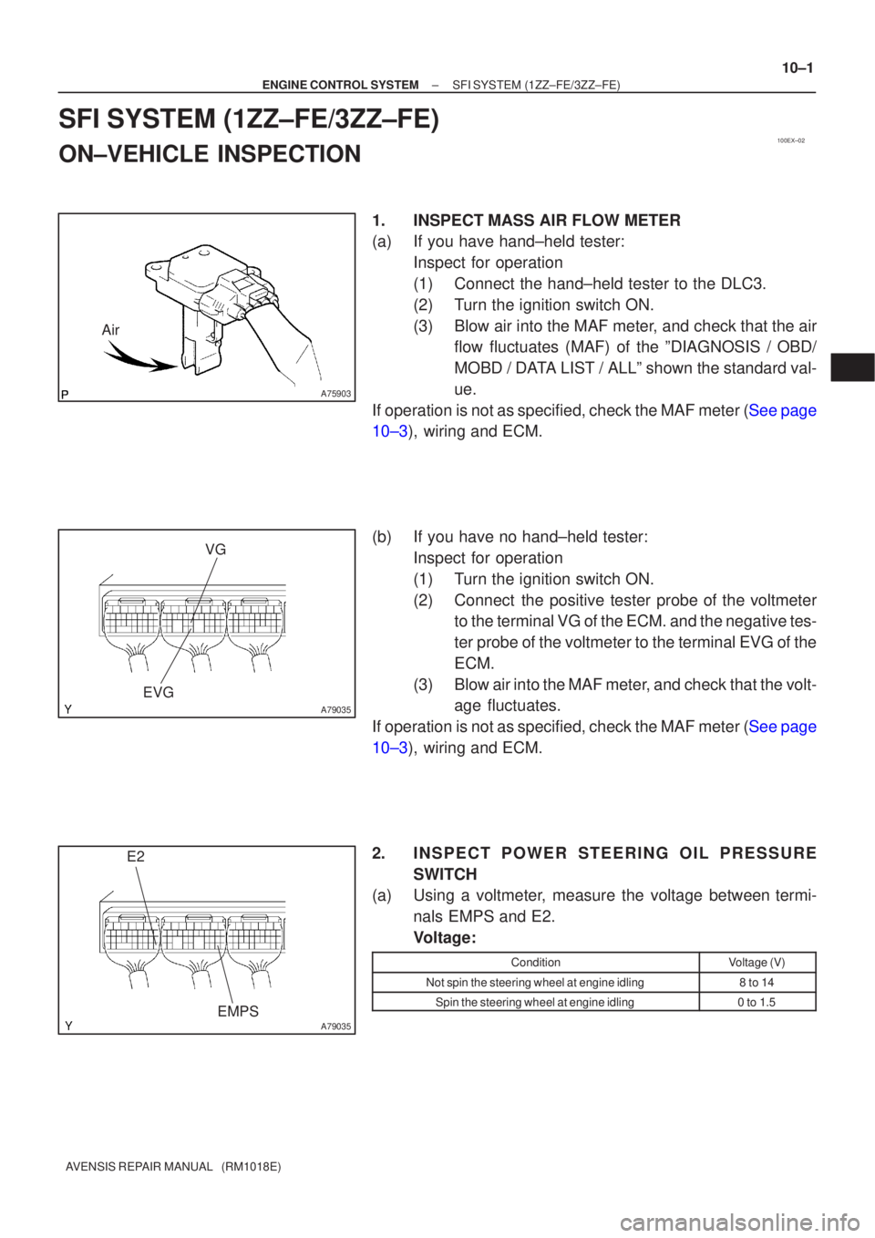 TOYOTA AVENSIS 2005  Service Repair Manual 100EX±02
A75903
Air
A79035
VG
EVG
A79035
E2
EMPS
±
ENGINE CONTROL SYSTEM SFI SYSTEM(1ZZ±FE/3ZZ±FE)
10±1
AVENSIS REPAIR MANUAL   (RM1018E)
SFI SYSTEM(1ZZ±FE/3ZZ±FE)
ON±VEHICLE INSPECTION
1.INSP