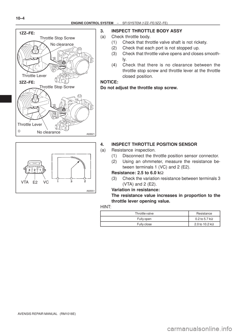 TOYOTA AVENSIS 2005  Service Repair Manual A60621
3ZZ±FE: 1ZZ±FE:
Throttle Stop Screw
Throttle Lever
Throttle Stop Screw
Throttle Lever
No clearance
No clearance
A60551
VTA
E2VC
10±4
± ENGINE CONTROL SYSTEMSFI SYSTEM (1ZZ±FE/3ZZ±FE)
AVEN