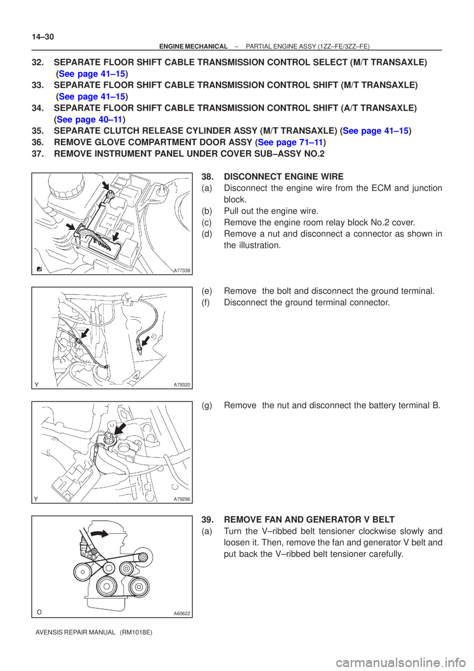 TOYOTA AVENSIS 2005  Service Repair Manual A77338
A79320
A79296
A60622
14±30
±
ENGINE MECHANICAL PARTIAL ENGINE ASSY (1ZZ±FE/3ZZ±FE)
AVENSIS REPAIR MANUAL   (RM1018E)
32. SEPARATE FLOOR SHIFT CABLE TRANSMISSION CONTROL SELECT (M/T TRANSAXL