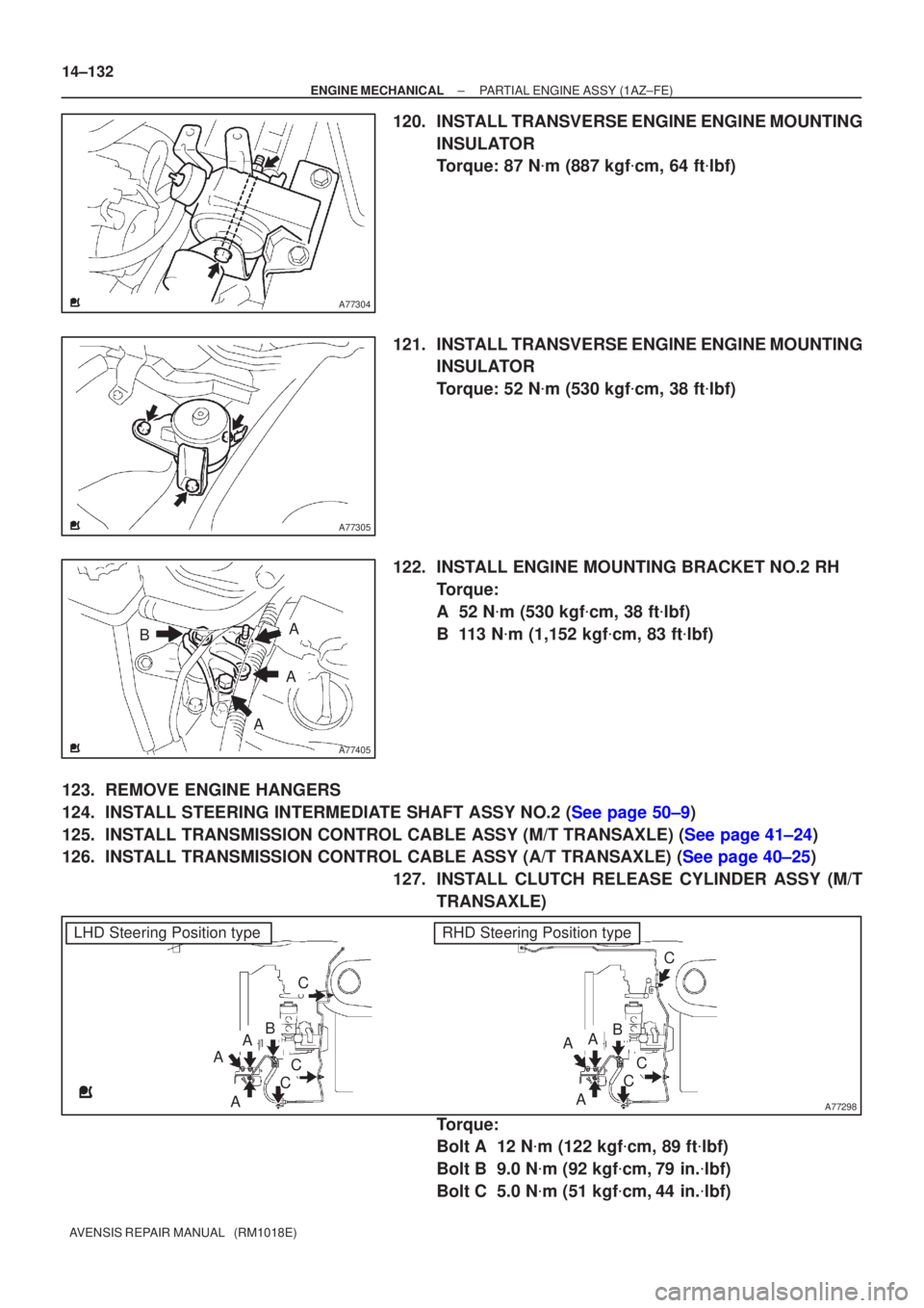 TOYOTA AVENSIS 2005  Service Repair Manual A77304
A77305
A77405
A
B
A
A
A77298
LHD Steering Position typeRHD Steering Position type
AB
A
A
AA
A
C
C
C
C
C
C
B
14±132
±
ENGINE MECHANICAL PARTIAL ENGINE ASSY(1AZ±FE)
AVENSIS REPAIR MANUAL   (RM