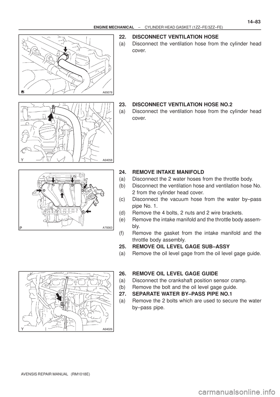 TOYOTA AVENSIS 2005  Service Repair Manual A65078
A64058
A79363
A64026
± ENGINE MECHANICALCYLINDER HEAD GASKET (1ZZ±FE/3ZZ±FE)
14±83
AVENSIS REPAIR MANUAL   (RM1018E)
22. DISCONNECT VENTILATION HOSE
(a) Disconnect  the ventilation hose fro