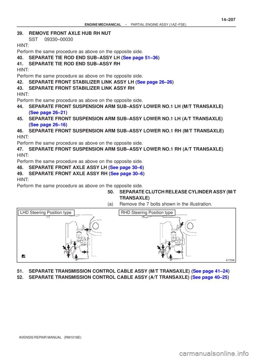 TOYOTA AVENSIS 2005  Service Repair Manual A77298
LHD Steering Position typeRHD Steering Position type
±
ENGINE MECHANICAL PARTIAL ENGINE ASSY(1AZ±FSE)
14±207
AVENSIS REPAIR MANUAL   (RM1018E)
39.REMOVE FRONT AXLE HUB RH NUT
SST09330±00030
