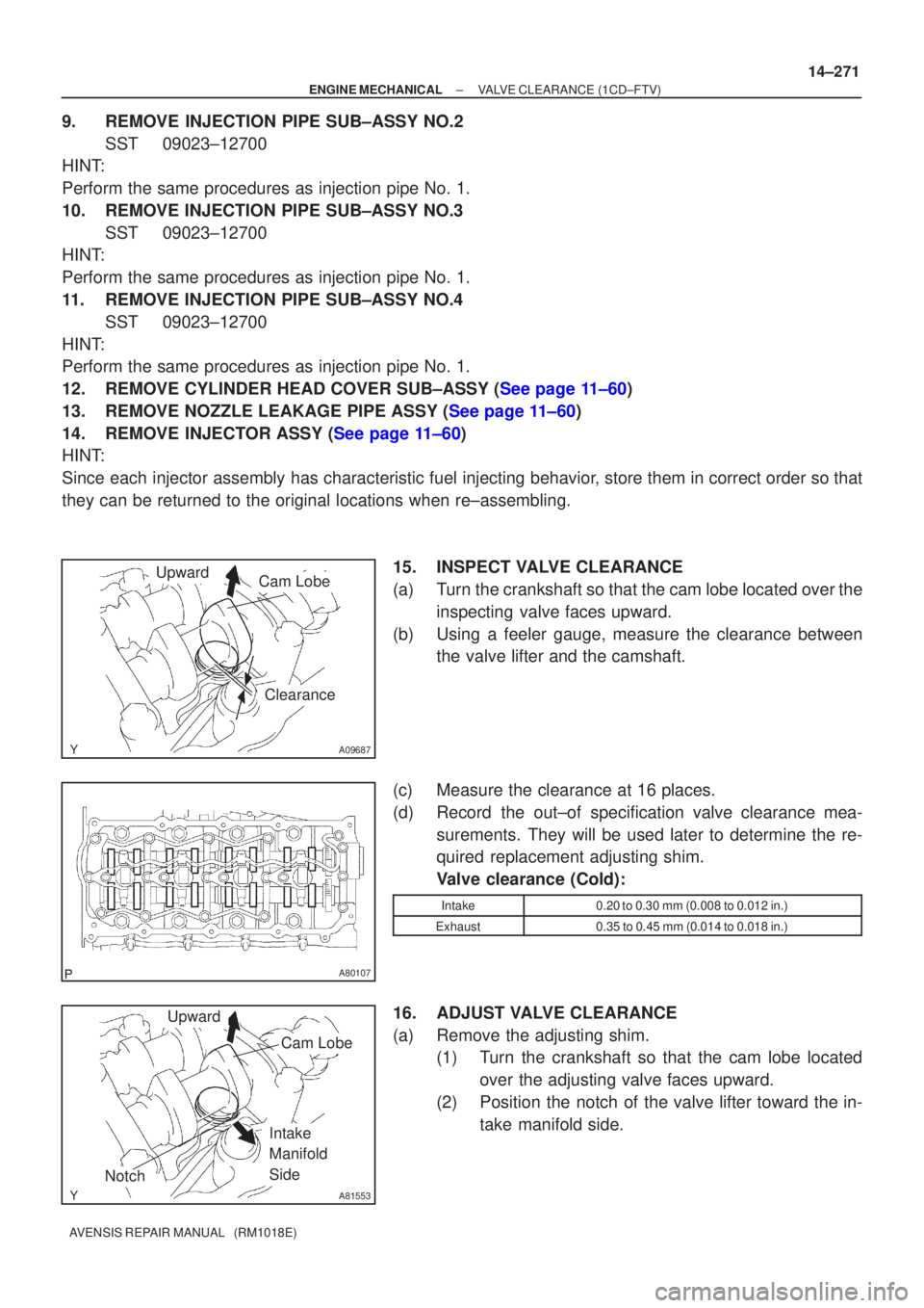 TOYOTA AVENSIS 2005 Service Repair Manual A09687
UpwardCam Lobe
Clearance
A80107
A81553
Upward
Notch
Cam Lobe
Intake
Manifold
Side
±
ENGINE MECHANICAL VALVE CLEARANCE(1CD±FTV)
14±271
AVENSIS REPAIR MANUAL (RM1018E)
9.REMOVE INJECTION P TOYOTA AVENSIS 2005 Service Repair Manual A09687
UpwardCam Lobe
Clearance
A80107
A81553
Upward
Notch
Cam Lobe
Intake
Manifold
Side
±
ENGINE MECHANICAL VALVE CLEARANCE(1CD±FTV)
14±271
AVENSIS REPAIR MANUAL (RM1018E)
9.REMOVE INJECTION P