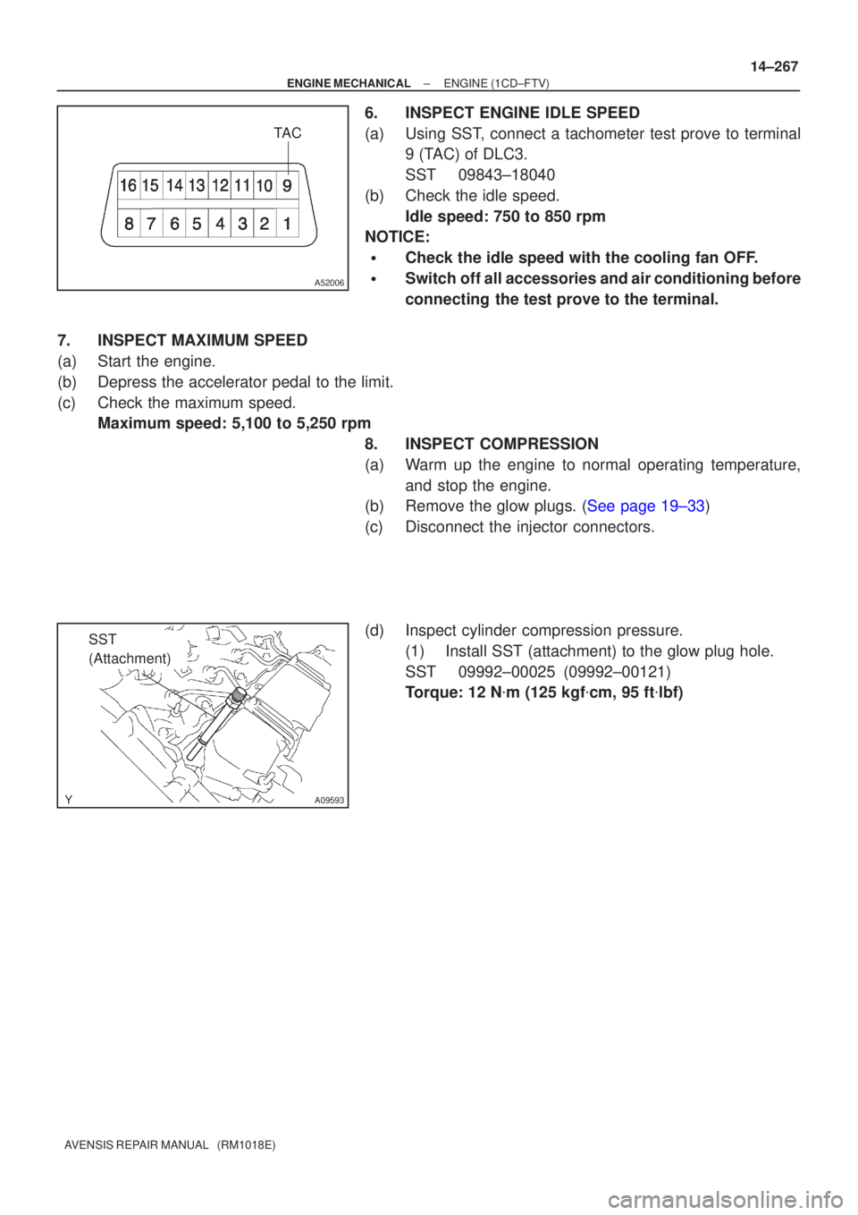 TOYOTA AVENSIS 2005  Service Repair Manual TAC
A52006
A09593
SST 
(Attachment)
±
ENGINE MECHANICAL ENGINE(1CD±FTV)
14±267
AVENSIS REPAIR MANUAL   (RM1018E)
6.INSPECT ENGINE IDLE SPEED
(a)Using SST, connect a tachometer test prove to termina