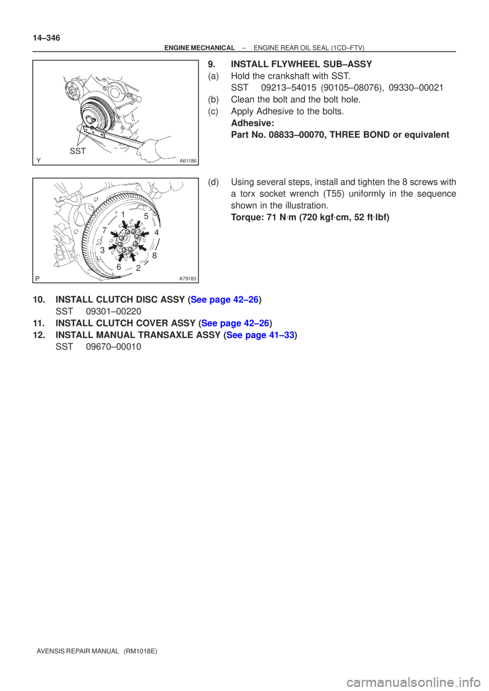 TOYOTA AVENSIS 2005  Service Repair Manual A61186
SST
A79183
1
7
5
8
4
3
26
14±346
±
ENGINE MECHANICAL ENGINE REAR OIL SEAL(1CD±FTV)
AVENSIS REPAIR MANUAL   (RM1018E)
9.INSTALL FLYWHEEL SUB±ASSY
(a)Hold the crankshaft with SST. SST09213±5