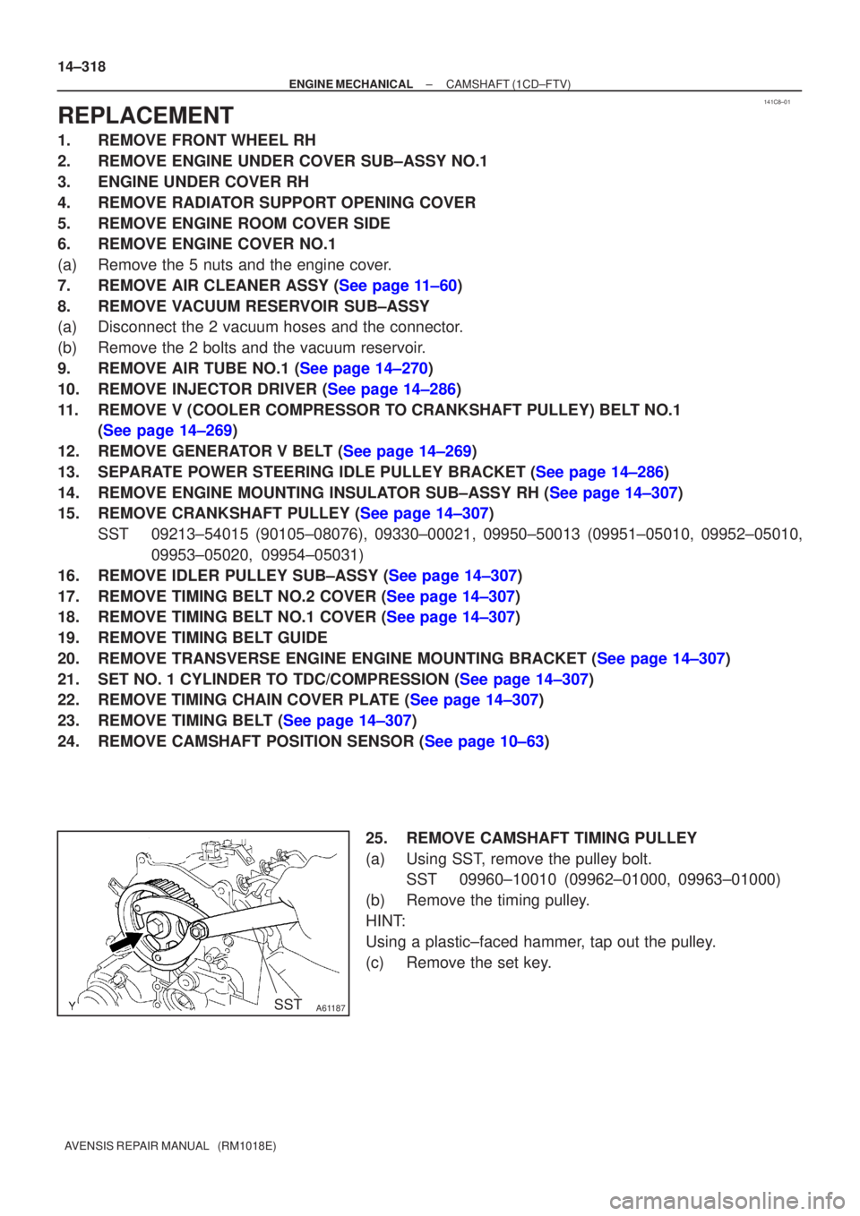 TOYOTA AVENSIS 2005  Service Repair Manual 141C8±01
SSTA61187
14±318
±
ENGINE MECHANICAL CAMSHAFT(1CD±FTV)
AVENSIS REPAIR MANUAL   (RM1018E)
REPLACEMENT
1.REMOVE FRONT WHEEL RH
2.REMOVE ENGINE UNDER COVER SUB±ASSY NO.1
3.ENGINE UNDER COVE