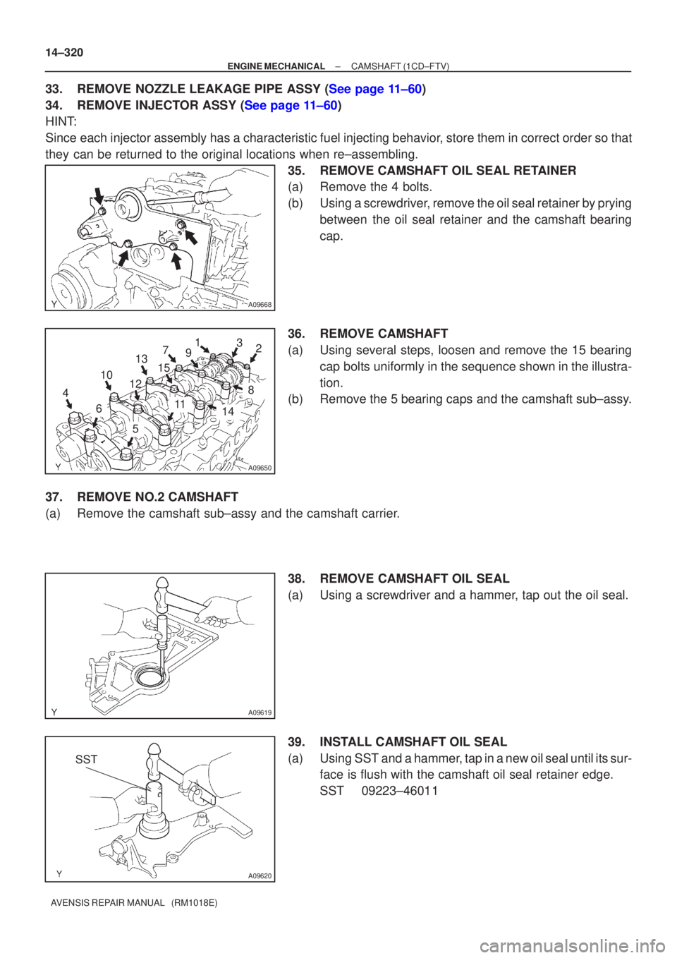 TOYOTA AVENSIS 2005  Service Repair Manual A09668
A09650
5
6
4 2
1
12 3
1011
13
8
7
15
14
9
A09619
SST
A09620
14±320
±
ENGINE MECHANICAL CAMSHAFT(1CD±FTV)
AVENSIS REPAIR MANUAL   (RM1018E)
33.REMOVE NOZZLE LEAKAGE PIPE ASSY (See page 11±60