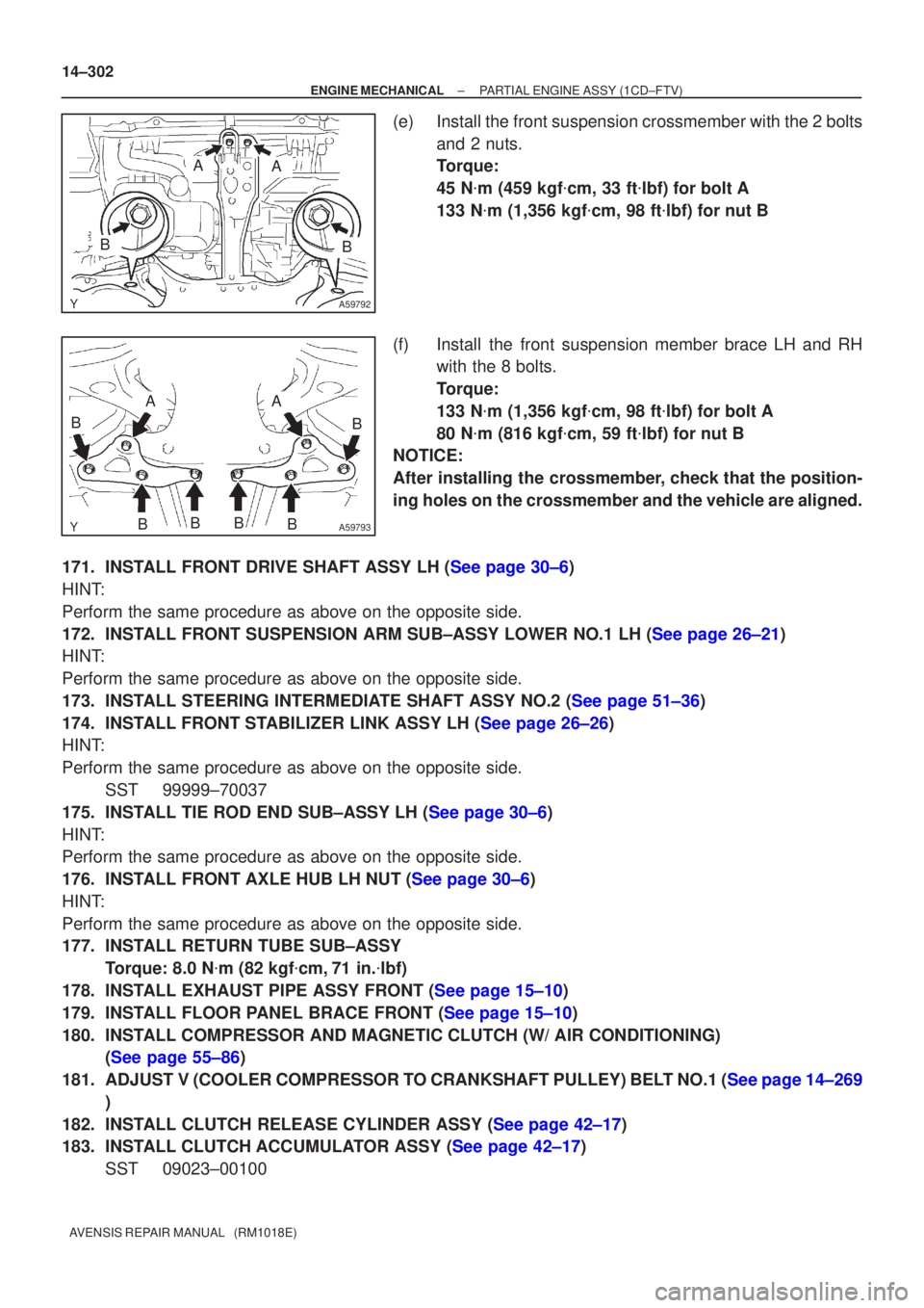 TOYOTA AVENSIS 2005  Service Repair Manual A59792
BB
AA
A59793
AA
BBBBB
B
14±302
±
ENGINE MECHANICAL PARTIAL ENGINE ASSY(1CD±FTV)
AVENSIS REPAIR MANUAL   (RM1018E)
(e)Install the front suspension crossmember with the 2 bolts and 2 nuts.
Tor