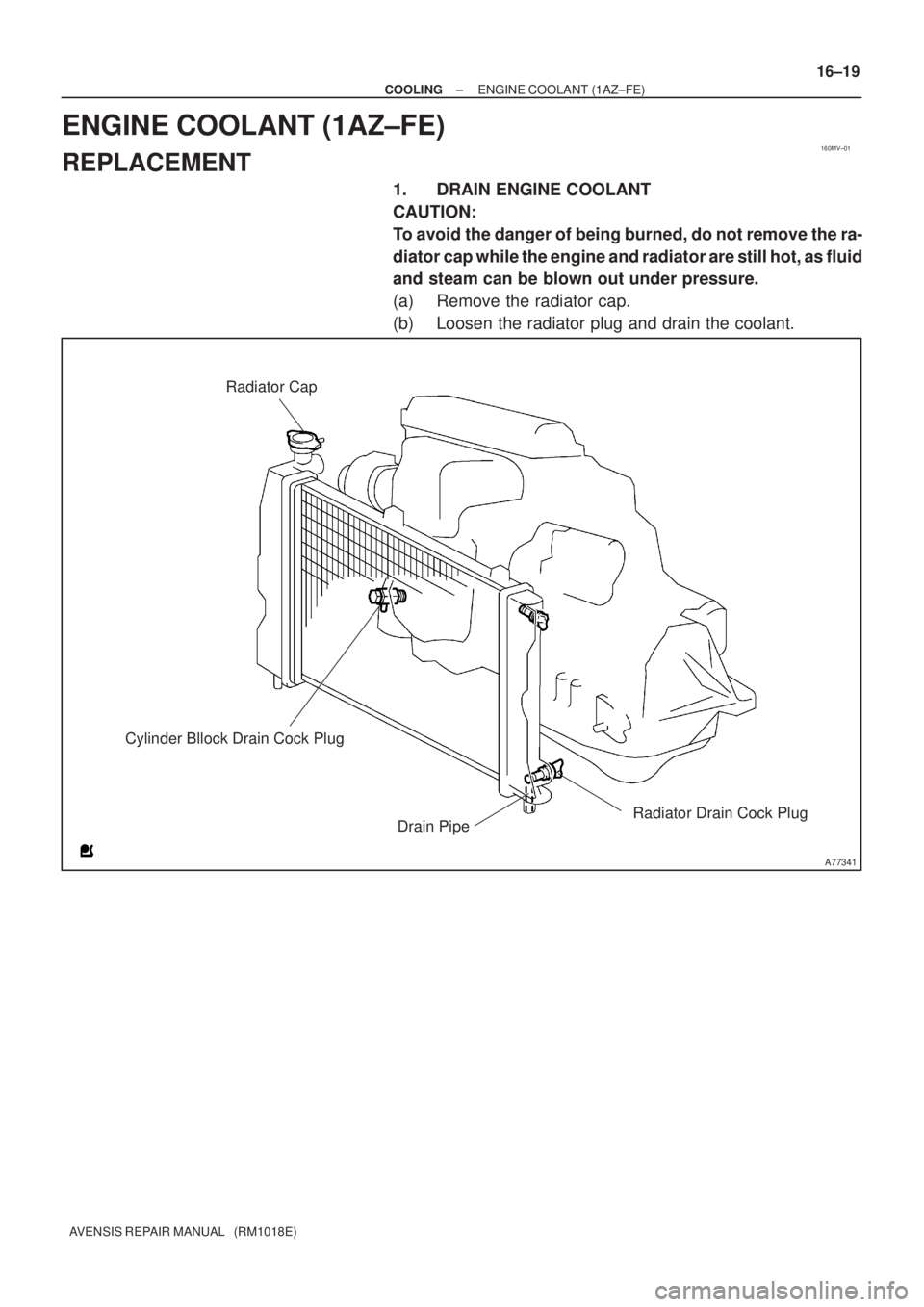 TOYOTA AVENSIS 2005  Service Repair Manual 160MV±01
A77341
Radiator Drain Cock Plug Radiator Cap
Cylinder Bllock Drain Cock Plug
Drain Pipe
± COOLINGENGINE COOLANT (1AZ±FE)
16±19
AVENSIS REPAIR MANUAL   (RM1018E)
ENGINE COOLANT (1AZ±FE)
R