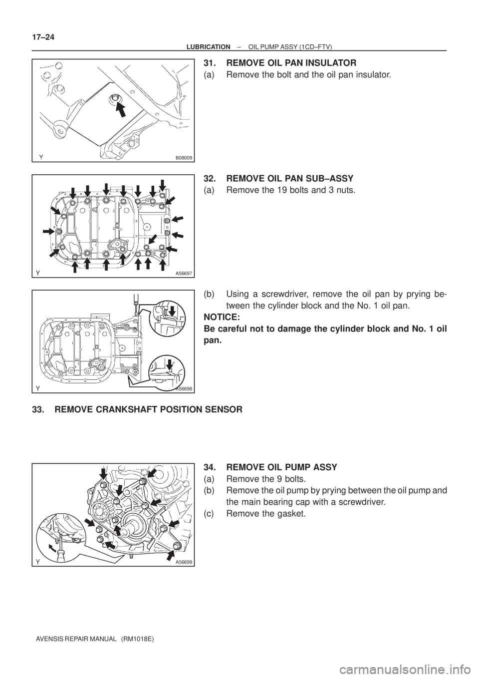 TOYOTA AVENSIS 2005  Service Repair Manual B08009
A56697
A56698
A56699
17±24
± LUBRICATIONOIL PUMP ASSY (1CD±FTV)
AVENSIS REPAIR MANUAL   (RM1018E)
31. REMOVE OIL PAN INSULATOR
(a) Remove the bolt and the oil pan insulator.
32. REMOVE OIL P