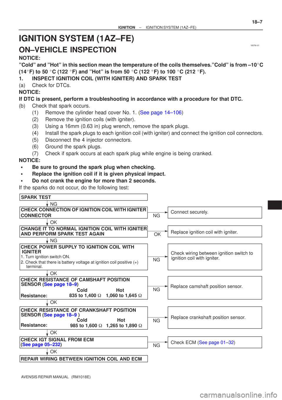 TOYOTA AVENSIS 2005  Service Repair Manual 1807M±01
CHECK POWER SUPPLY TO IGNITION COIL WITHSENSOR (See page 18±9)
SPARK TEST
Replace crankshaft position sensor.
CHECK RESISTANCE OF CAMSHAFT POSITION
1. Turn ignition switch ON.
2. Check that