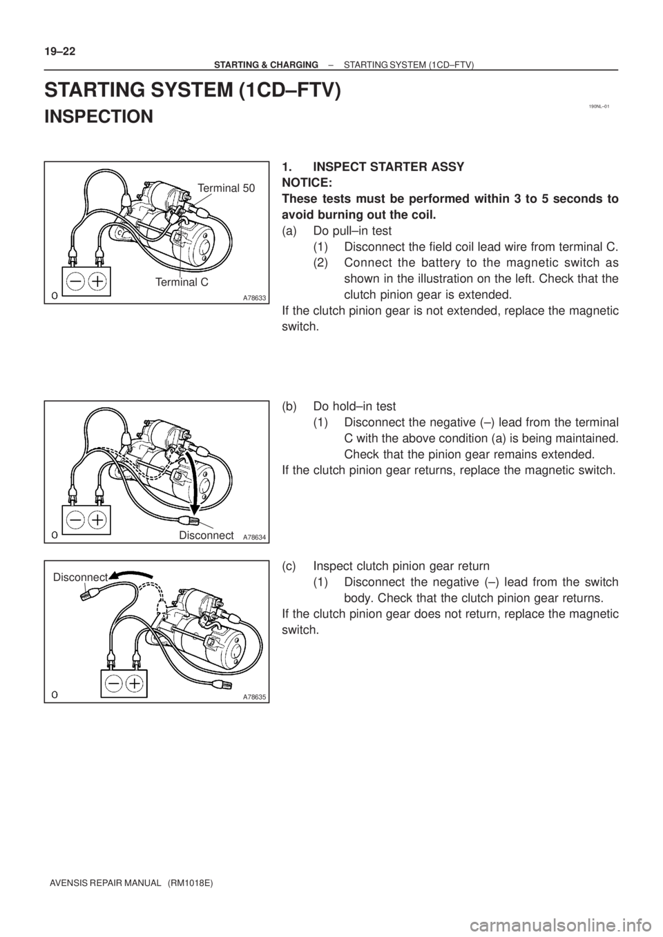 TOYOTA AVENSIS 2005  Service Repair Manual 190NL±01
A78633
Terminal CTerminal 50
A78634Disconnect
A78635
Disconnect
19±22
± STARTING & CHARGINGSTARTING SYSTEM (1CD±FTV)
AVENSIS REPAIR MANUAL   (RM1018E)
STARTING SYSTEM (1CD±FTV)
INSPECTIO