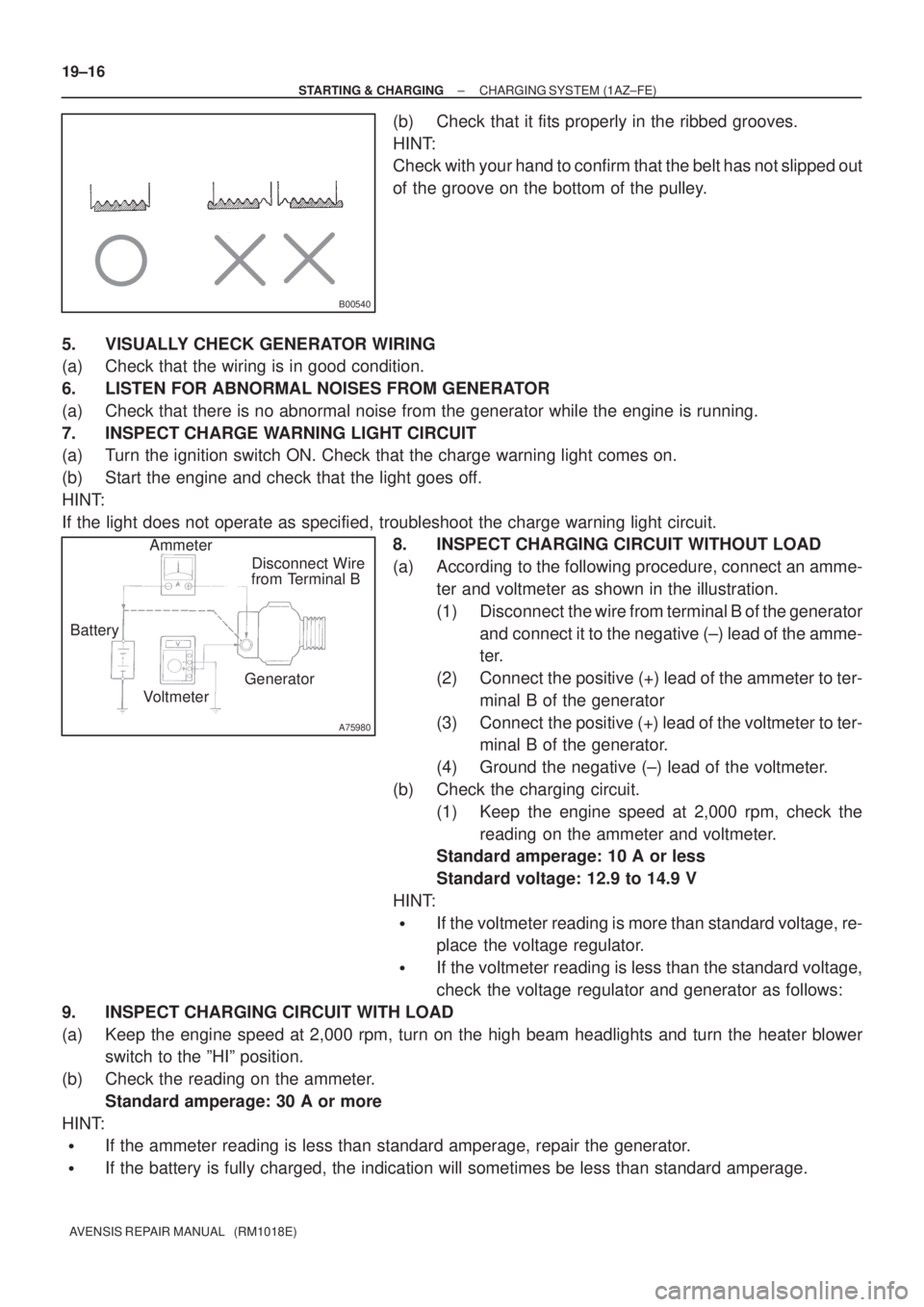 TOYOTA AVENSIS 2005  Service Repair Manual B00540
A75980
Disconnect Wire
from Terminal B
Generator
Voltmeter BatteryAmmeter 19±16
± STARTING & CHARGINGCHARGING SYSTEM (1AZ±FE)
AVENSIS REPAIR MANUAL   (RM1018E)
(b) Check that it fits properl