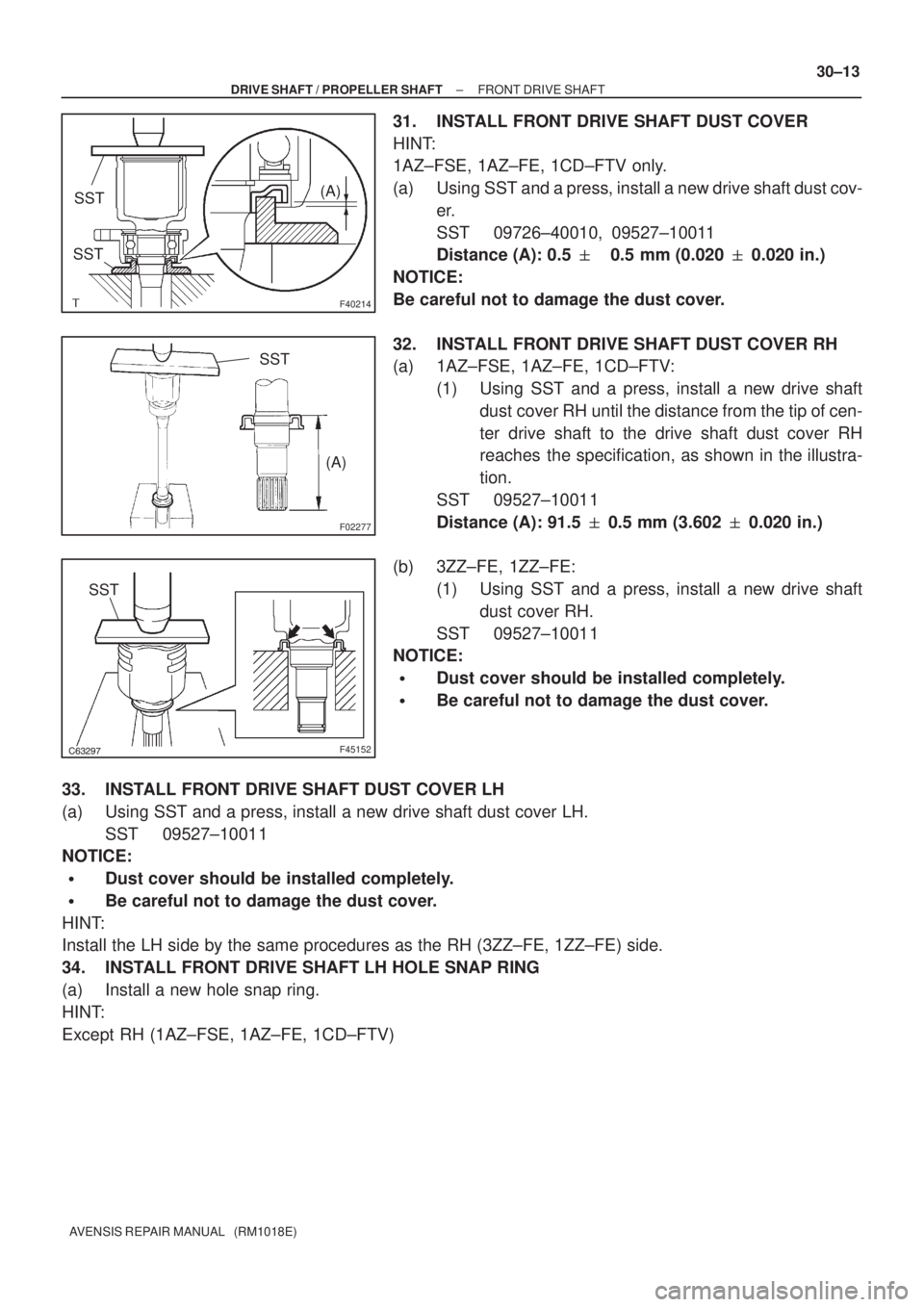 TOYOTA AVENSIS 2005  Service Repair Manual F40214
SST
SST(A)
F02277
SST
(A)
F45152
SST
± DRIVE SHAFT / PROPELLER SHAFTFRONT DRIVE SHAFT
30±13
AVENSIS REPAIR MANUAL   (RM1018E)
31. INSTALL FRONT DRIVE SHAFT DUST COVER
HINT:
1AZ±FSE, 1A