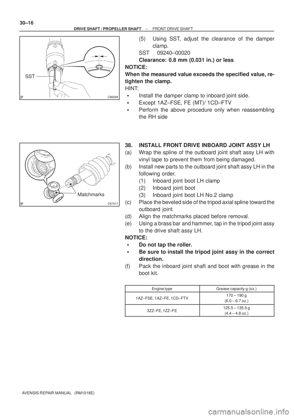 TOYOTA AVENSIS 2005 Service Repair Manual C86268
SST
C67417
Matchmarks
30±16
± DRIVE SHAFT / PROPELLER SHAFTFRONT DRIVE SHAFT
AVENSIS REPAIR MANUAL (RM1018E)
(5) Using SST, adjust the clearance of the damper
clamp.
SST 09240±00020
Cleara TOYOTA AVENSIS 2005 Service Repair Manual C86268
SST
C67417
Matchmarks
30±16
± DRIVE SHAFT / PROPELLER SHAFTFRONT DRIVE SHAFT
AVENSIS REPAIR MANUAL (RM1018E)
(5) Using SST, adjust the clearance of the damper
clamp.
SST 09240±00020
Cleara