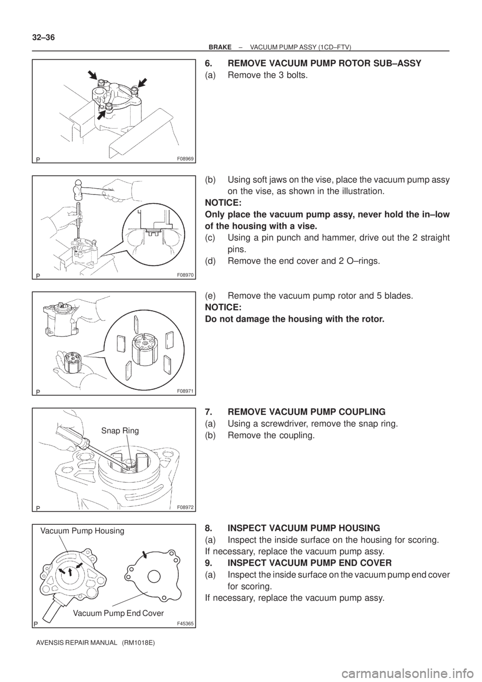 TOYOTA AVENSIS 2005  Service Repair Manual F08969
F08970
F08971
F08972
Snap Ring
F45365
Vacuum Pump Housing
Vacuum Pump End Cover
32±36
± BRAKEVACUUM PUMP ASSY (1CD±FTV)
AVENSIS REPAIR MANUAL   (RM1018E)
6. REMOVE VACUUM PUMP ROTOR SUB±ASS