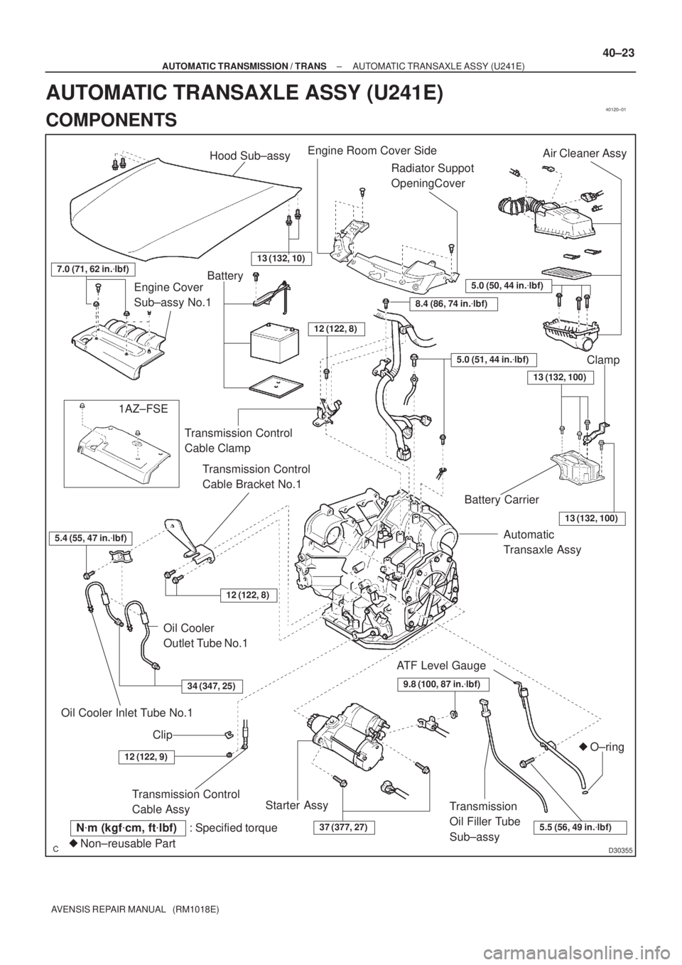 TOYOTA AVENSIS 2005  Service Repair Manual 40120±01
D30355
: Specified torqueBattery
13 (132, 10)
Automatic 
Transaxle Assy
ATF Level Gauge
9.8 (100, 87 in.lbf)
Transmission 
Oil Filler Tube 
Sub±assy
37 (377, 27)5.5 (56, 49 in.lbf)
Starte