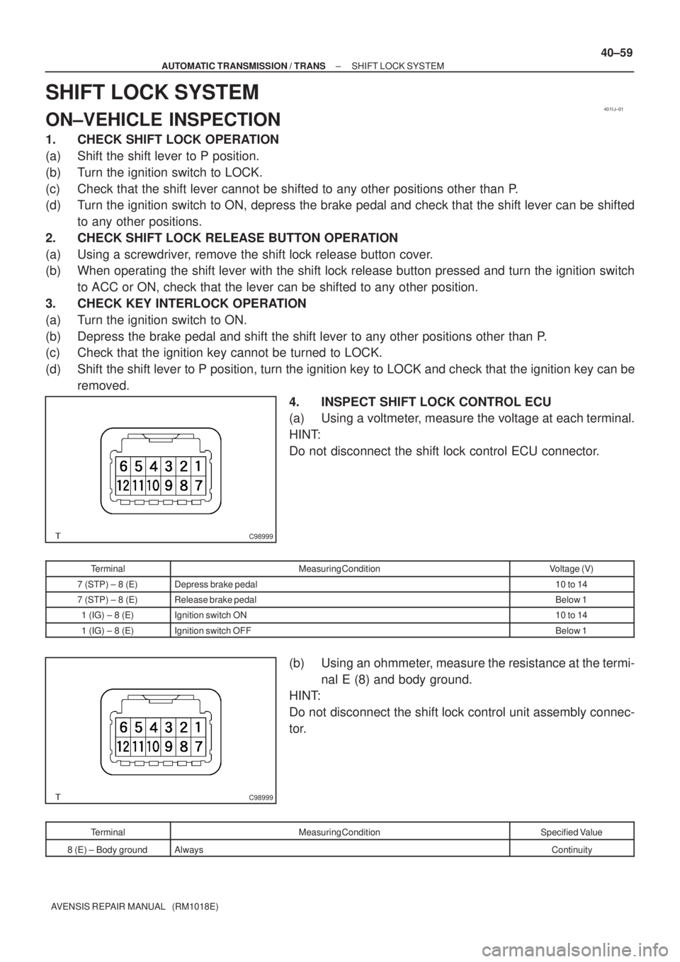 TOYOTA AVENSIS 2005 Service Repair Manual 4011J±01
C98999
C98999
± AUTOMATIC TRANSMISSION / TRANSSHIFT LOCK SYSTEM
40±59
AVENSIS REPAIR MANUAL (RM1018E)
SHIFT LOCK SYSTEM
ON±VEHICLE INSPECTION
1. CHECK SHIFT LOCK OPERATION
(a) Shift the TOYOTA AVENSIS 2005 Service Repair Manual 4011J±01
C98999
C98999
± AUTOMATIC TRANSMISSION / TRANSSHIFT LOCK SYSTEM
40±59
AVENSIS REPAIR MANUAL (RM1018E)
SHIFT LOCK SYSTEM
ON±VEHICLE INSPECTION
1. CHECK SHIFT LOCK OPERATION
(a) Shift the