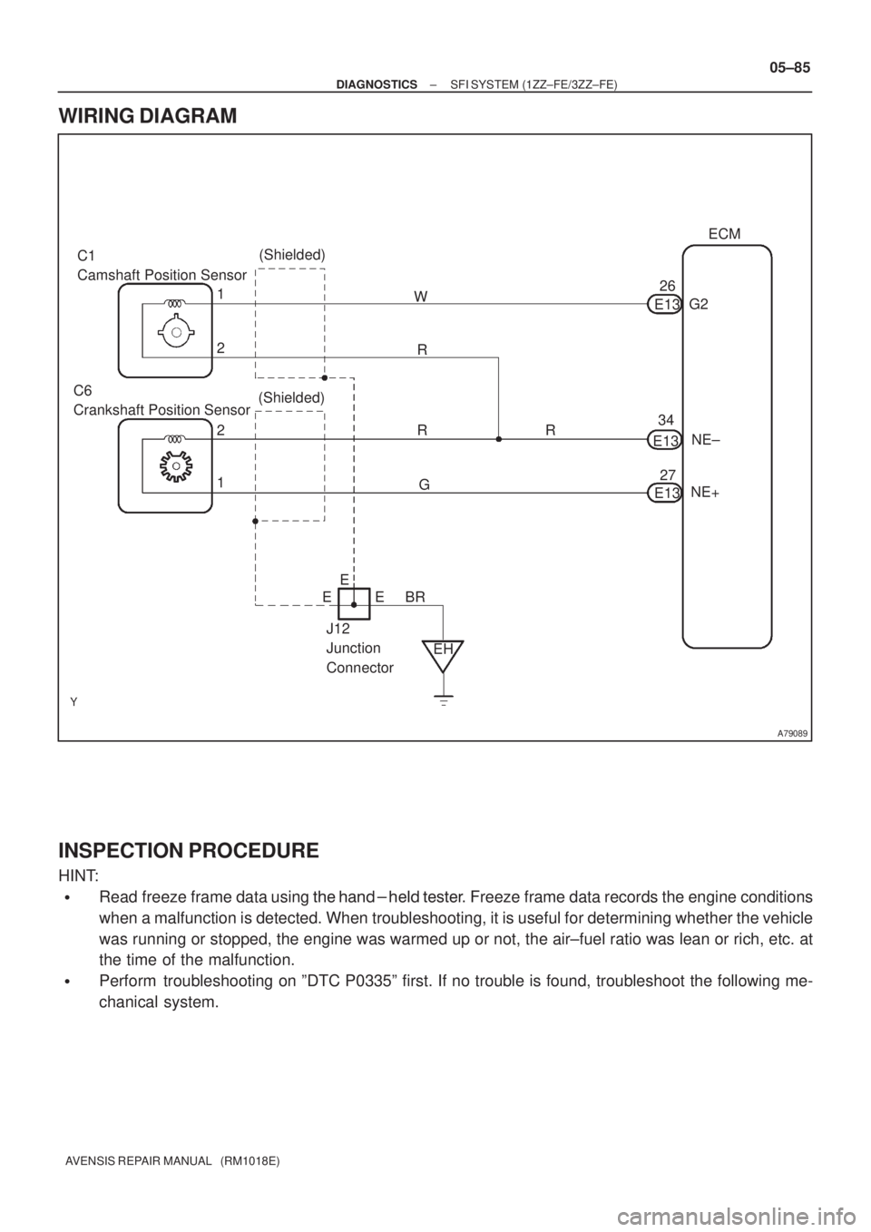 TOYOTA AVENSIS 2005  Service Repair Manual A79089
C1
Camshaft Position Sensor(Shielded)
1 2ECM
(Shielded) 1
2
EHR
NE+NE± G2 W
G C6
Crankshaft Position Sensor
R RE13
E13
E1326
34
27
BR E
J12
Junction
ConnectorE E
± DIAGNOSTICSSFI SYSTEM (1ZZ�