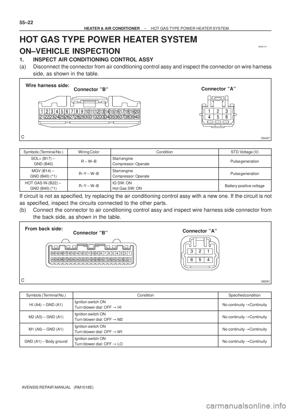 TOYOTA AVENSIS 2005  Service Repair Manual 550ZI±01
I35437
Connector ºBº Wire harness side:
Connector ºAº
I36091
Connector ºBº From back side:
Connector ºAº 55±22
± HEATER & AIR CONDITIONERHOT GAS TYPE POWER HEATER SYSTEM
AVENSIS RE