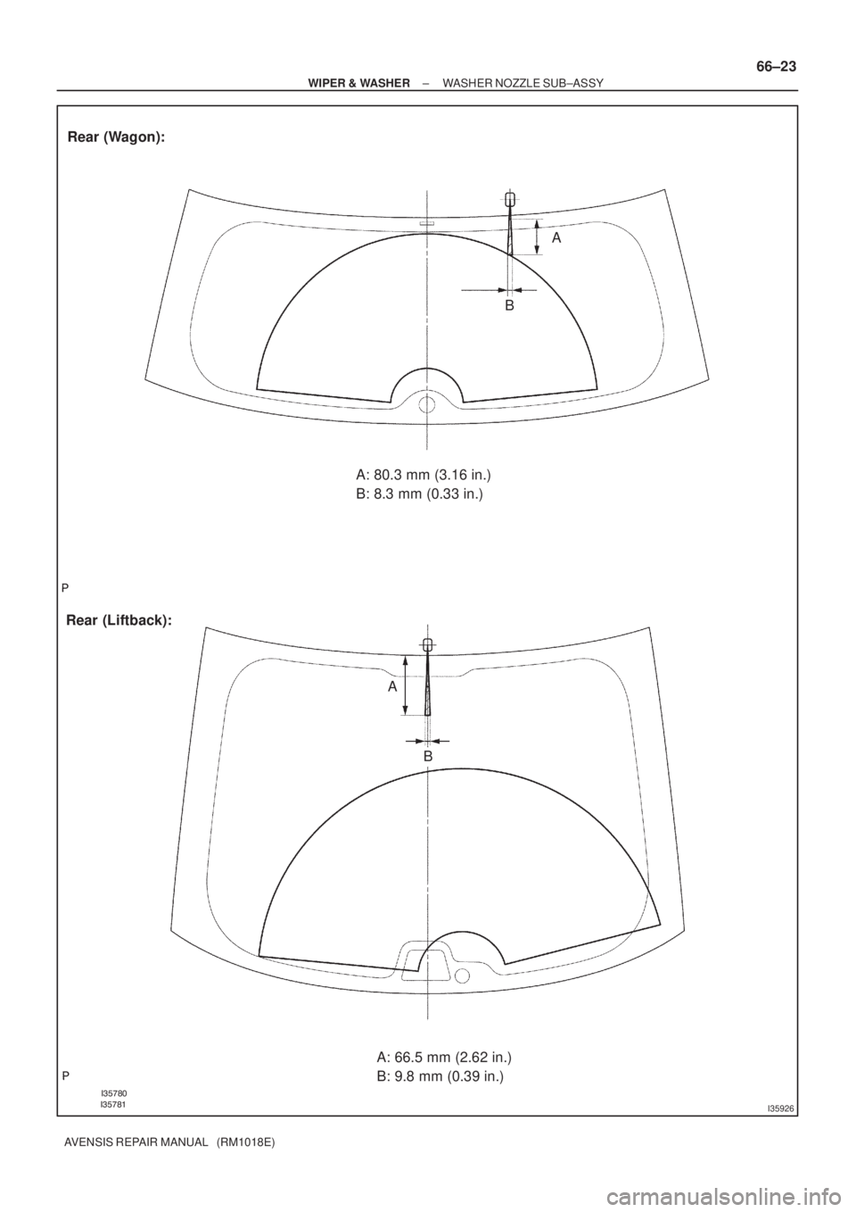 TOYOTA AVENSIS 2005  Service Repair Manual 

I35926
A: 80.3 mm (3.16 in.)
B: 8.3 mm (0.33 in.)
Rear (Liftback):Rear (Wagon):
A: 66.5 mm (2.62 in.)
B: 9.8 mm (0.39 in.)
A
B
A
B
± WIPER & WASHERWASHER NOZZLE SUB±ASSY
66±23
AVENSIS