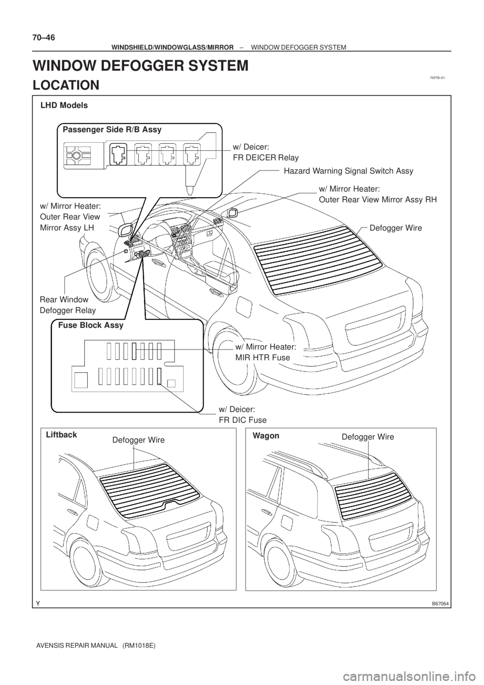 TOYOTA AVENSIS 2005  Service Repair Manual 700TB±01
B67064
LHD Models
Defogger Wire
Liftback
Wagon
Defogger Wire
Defogger Wire
Hazard Warning Signal Switch Assy w/ Deicer:
FR DEICER Relay
Fuse Block Assy
w/ Deicer:
FR DIC Fuse
w/ Mirror Heate