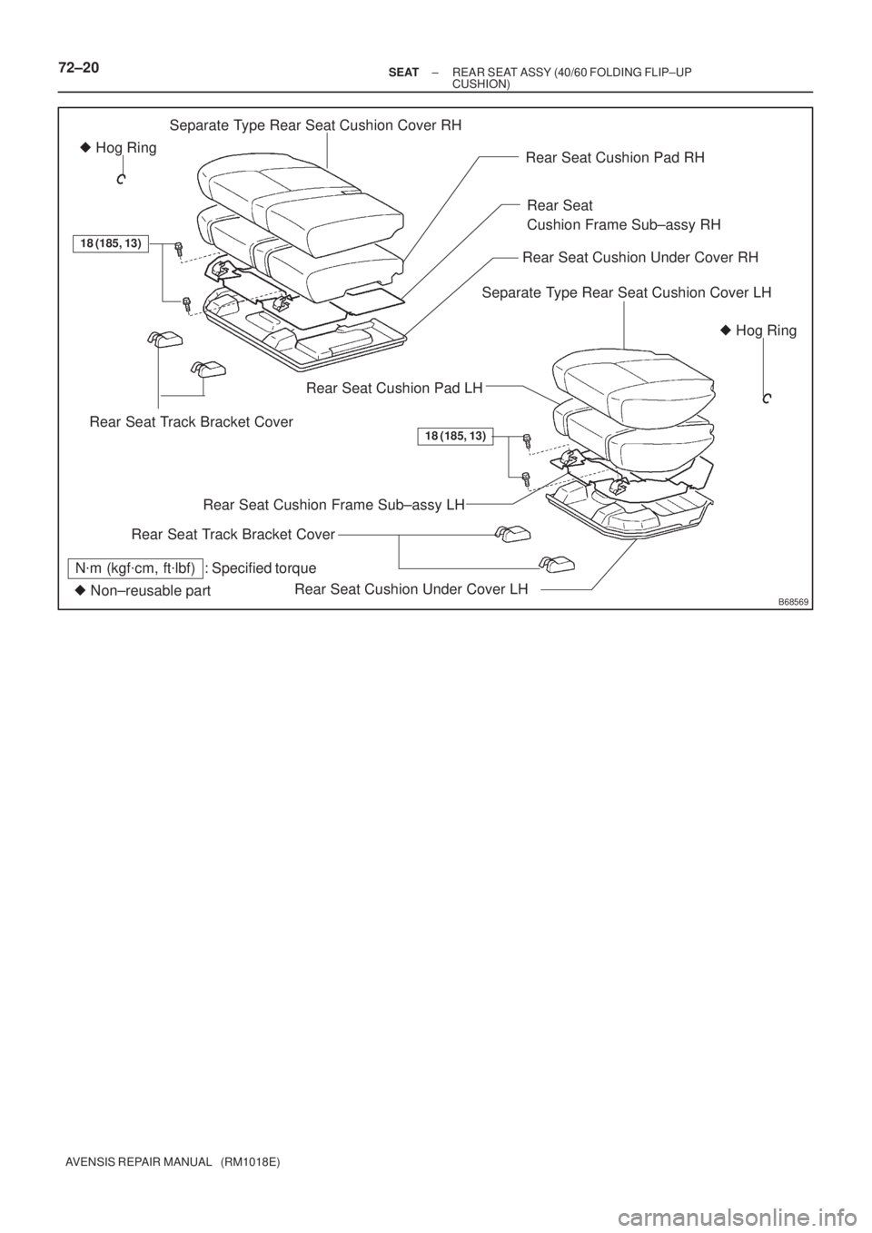 TOYOTA AVENSIS 2005  Service Repair Manual B68569 Non±reusable partRear Seat Cushion Pad RH
Rear Seat Cushion Pad LHRear Seat Cushion Under Cover RH Separate Type Rear Seat Cushion Cover RH
Rear Seat 
Cushion Frame Sub±assy RH
Rear Seat Cus