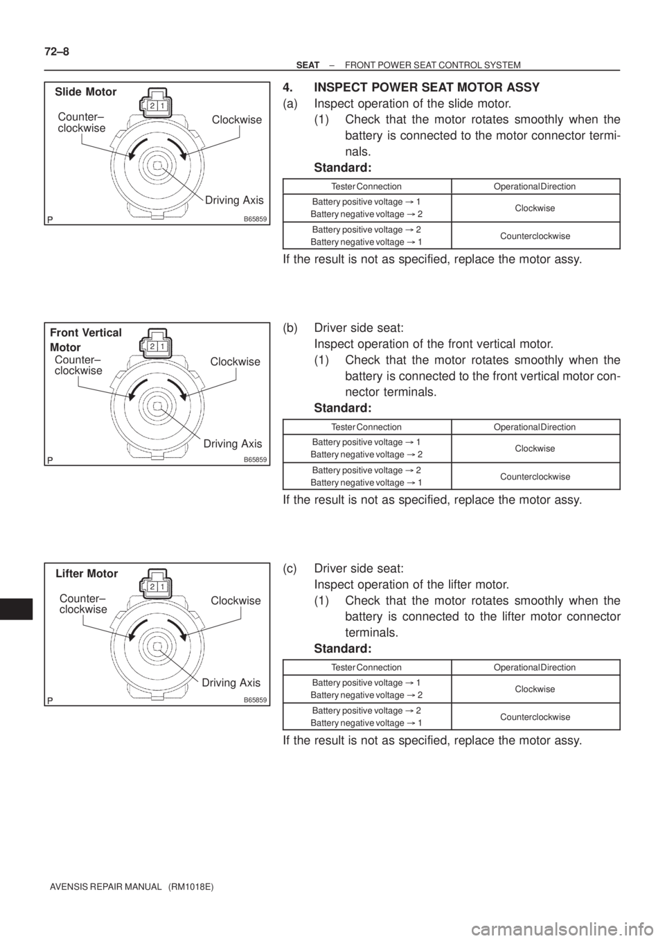 TOYOTA AVENSIS 2005 Service Repair Manual B65859
Slide Motor
ClockwiseCounter±
clockwiseDriving Axis
B65859
Front Vertical
Motor
Clockwise
Counter±clockwise
Driving Axis
B65859
Lifter Motor
Clockwise
Counter±
clockwise
Driving Axis
72±8
TOYOTA AVENSIS 2005 Service Repair Manual B65859
Slide Motor
ClockwiseCounter±
clockwiseDriving Axis
B65859
Front Vertical
Motor
Clockwise
Counter±clockwise
Driving Axis
B65859
Lifter Motor
Clockwise
Counter±
clockwise
Driving Axis
72±8