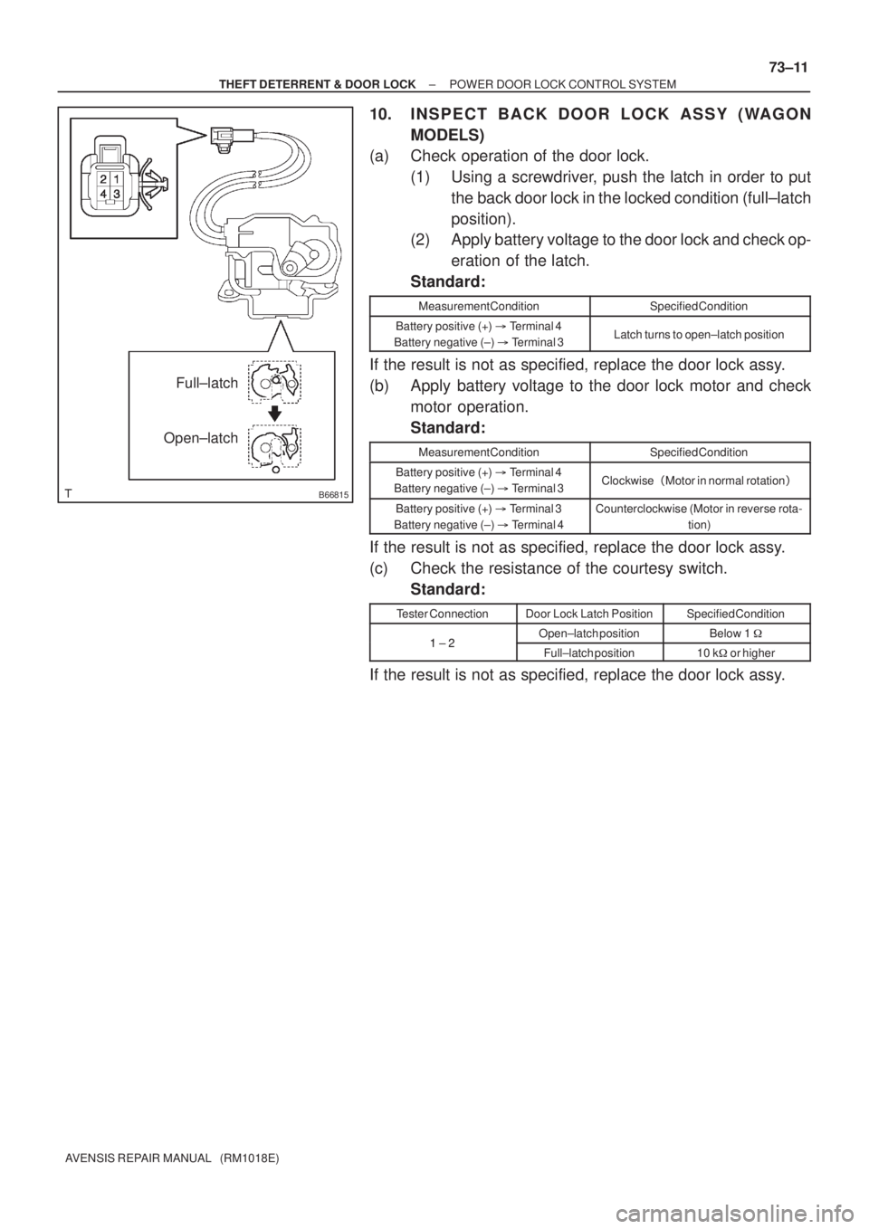 TOYOTA AVENSIS 2005  Service Repair Manual B66815
Full±latch
Open±latch
± THEFT DETERRENT & DOOR LOCKPOWER DOOR LOCK CONTROL SYSTEM
73±11
AVENSIS REPAIR MANUAL   (RM1018E)
10. INSPECT BACK DOOR LOCK ASSY (WAGON
MODELS)
(a) Check operation 