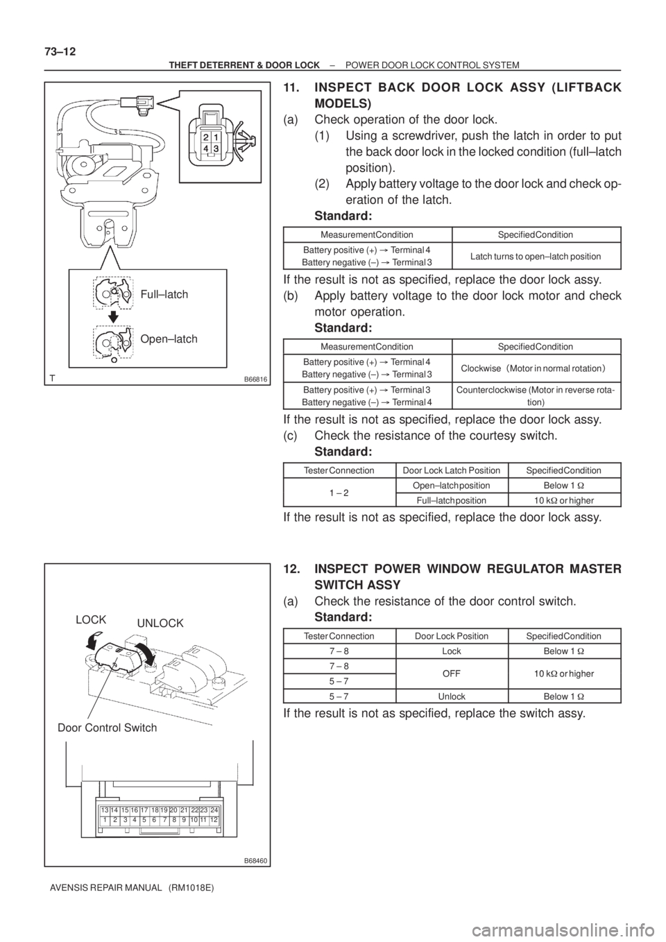 TOYOTA AVENSIS 2005  Service Repair Manual B66816
Full±latch
Open±latch
B68460
LOCK
UNLOCK
Door Control Switch
123 6 745 8918 19 22 2320 21 24
10 11 14 15
12 13 16 17
73±12
± THEFT DETERRENT & DOOR LOCKPOWER DOOR LOCK CONTROL SYSTEM
AVENSI