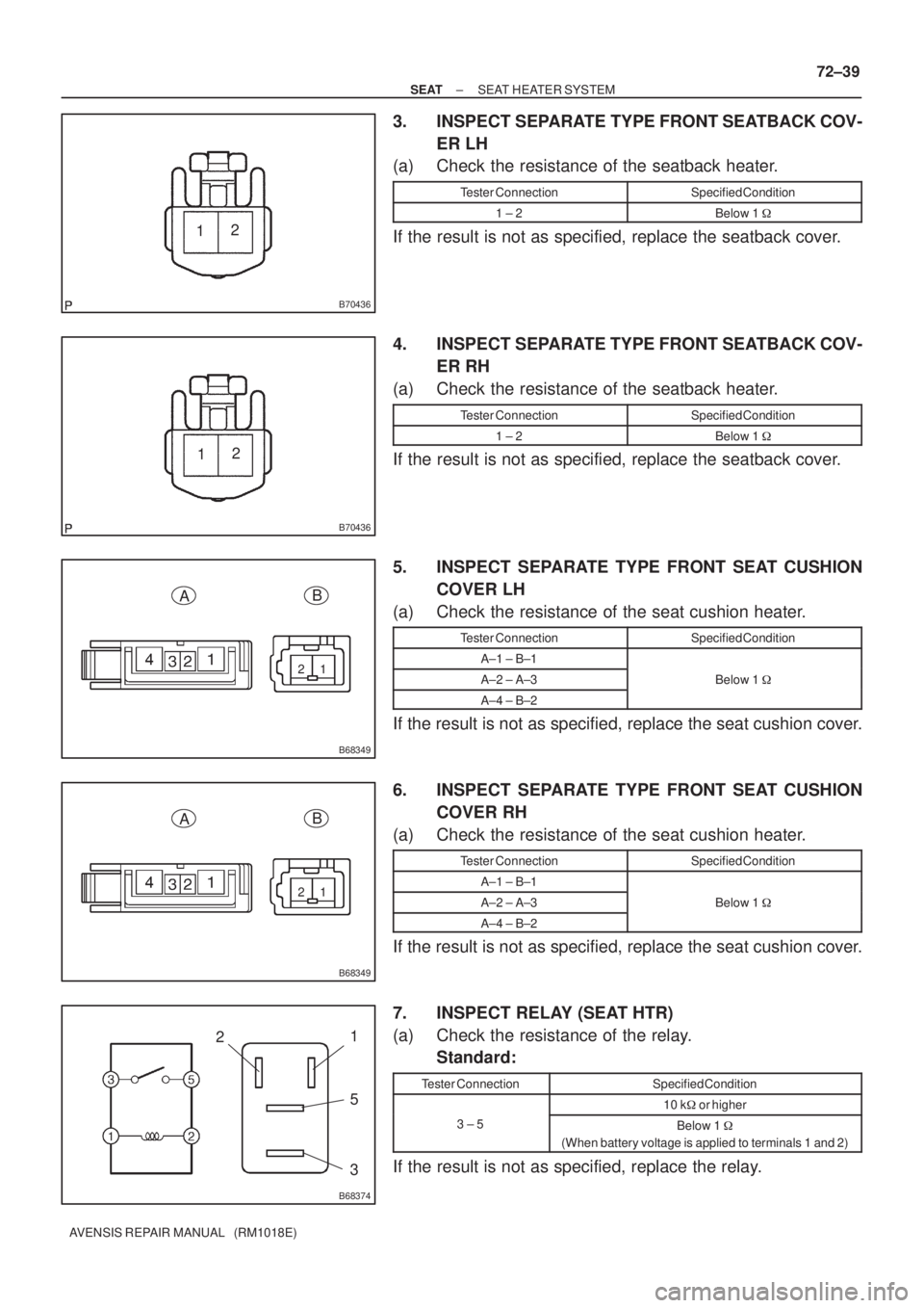 TOYOTA AVENSIS 2005  Service Repair Manual B70436
12
B70436
12
1 2
B68349
AB
1 2
B68349
AB
B68374
21
5
3
± SEATSEAT HEATER SYSTEM
72±39
AVENSIS REPAIR MANUAL   (RM1018E)
3. INSPECT SEPARATE TYPE FRONT SEATBACK COV-
ER LH
(a) Check the resist