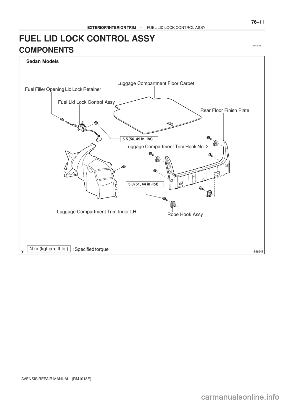 TOYOTA AVENSIS 2005  Service Repair Manual 760X5±01
B68948
Sedan Models
Luggage Compartment Trim Hook No. 2
Rope Hook Assy Luggage Compartment Floor Carpet
Luggage Compartment Trim Inner LH
5.0 (51, 44 in.´lbf)
: Specified torqueN´m (kgf´c