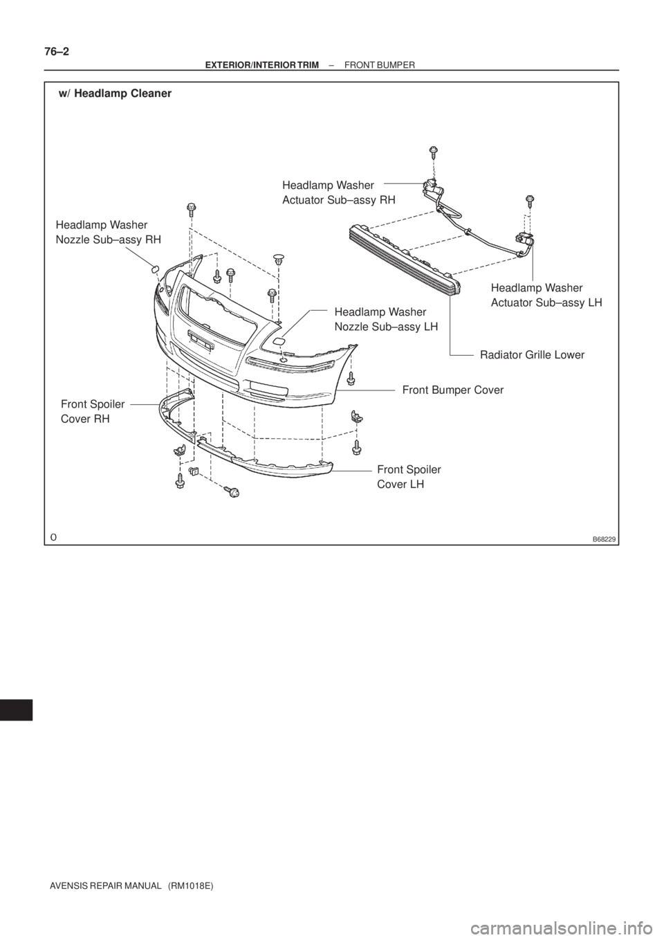 TOYOTA AVENSIS 2005  Service Repair Manual B68229
w/ Headlamp Cleaner
Headlamp Washer
Actuator Sub±assy RH
Headlamp Washer
Actuator Sub±assy LH
Radiator Grille Lower
Front Bumper Cover Headlamp Washer
Nozzle Sub±assy LH Headlamp Washer
Nozz