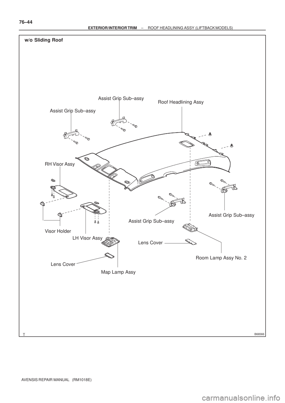 TOYOTA AVENSIS 2005  Service Repair Manual B66566
w/o Sliding Roof
LH Visor Assy Visor HolderRoof Headlining Assy
RH Visor Assy
Map Lamp AssyRoom Lamp Assy No. 2
Lens Cover
Assist Grip Sub±assy
Lens CoverAssist Grip Sub±assy
Assist Grip Sub�