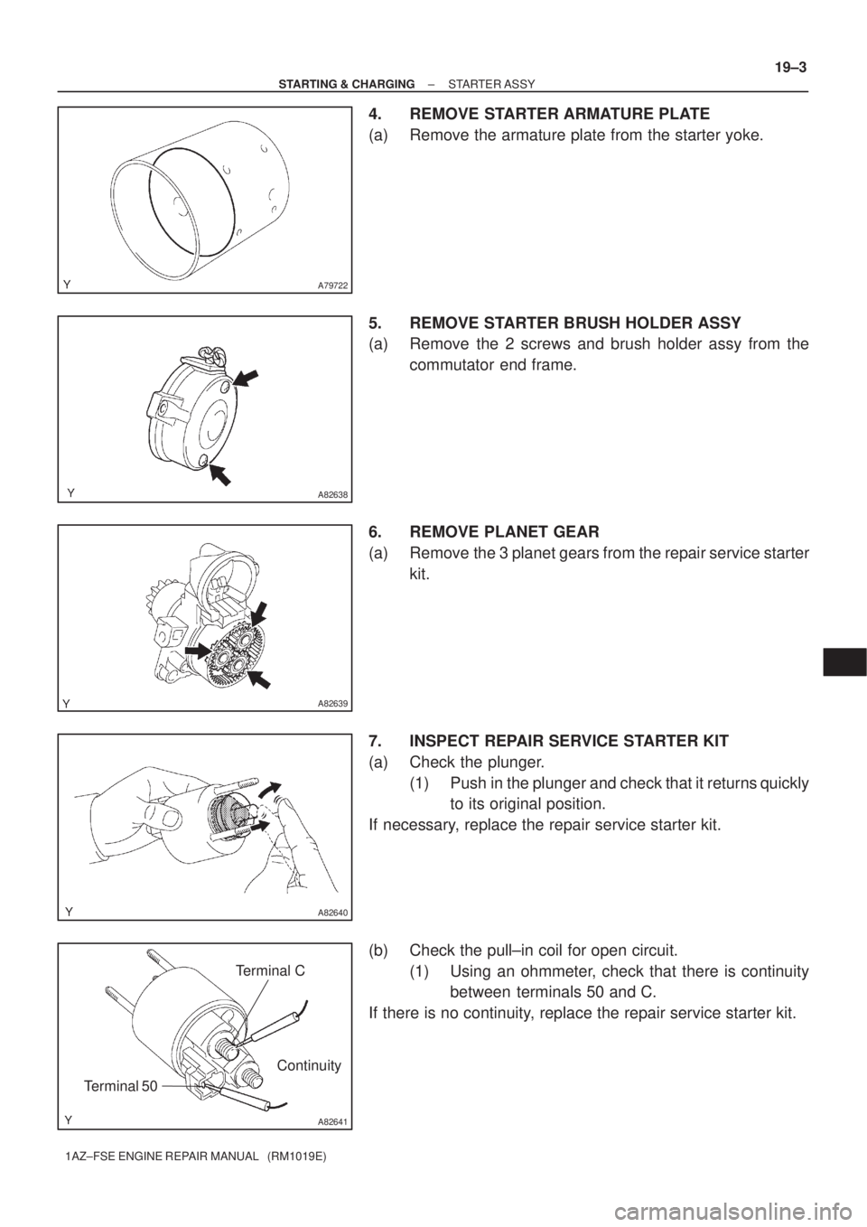 TOYOTA AVENSIS 2005  Service Repair Manual A79722
A82638
A82639
A82640
A82641
Terminal C
Terminal 50Continuity
± STARTING & CHARGINGSTARTER ASSY
19±3
1AZ±FSE ENGINE REPAIR MANUAL   (RM1019E)
4. REMOVE STARTER ARMATURE PLATE
(a) Remove the a