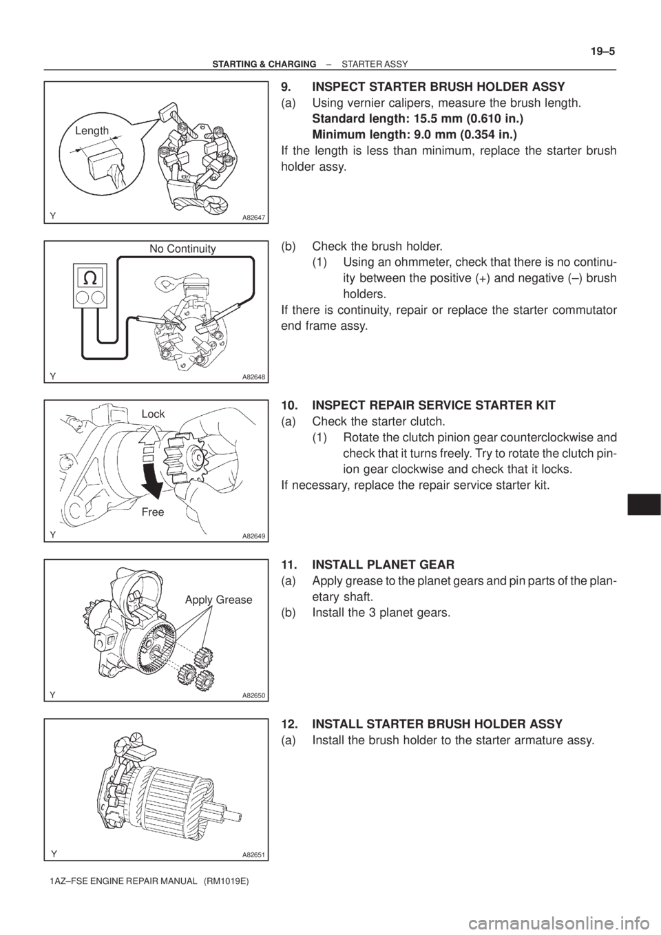 TOYOTA AVENSIS 2005  Service Repair Manual A82647
Length
A82648
No Continuity
A82649
Free Lock
A82650
Apply Grease
A82651
± STARTING & CHARGINGSTARTER ASSY
19±5
1AZ±FSE ENGINE REPAIR MANUAL   (RM1019E)
9. INSPECT STARTER BRUSH HOLDER ASSY
(