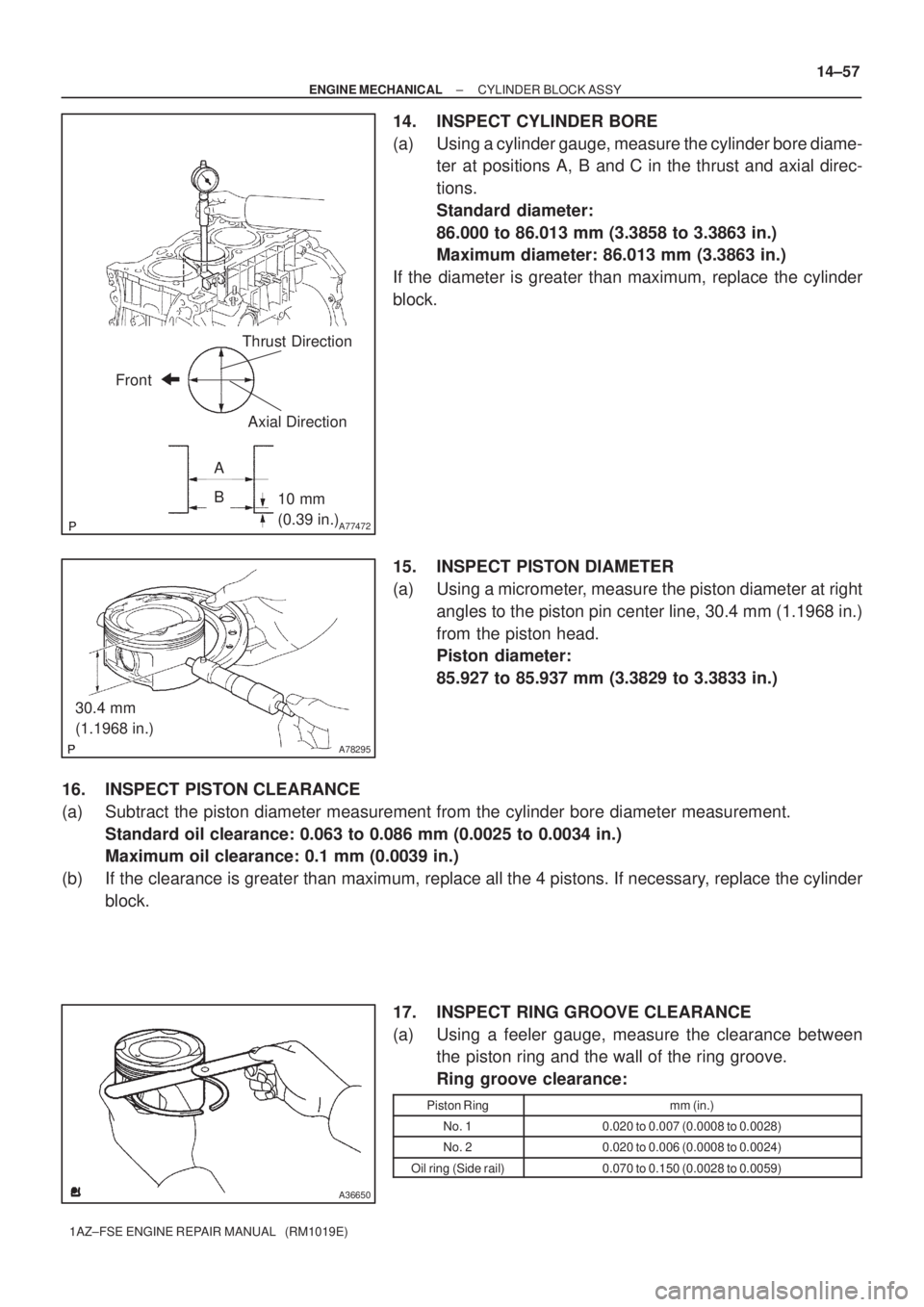 TOYOTA AVENSIS 2005 Service Repair Manual A77472
Thrust Direction
Axial Direction
Front
A
B
10 mm
(0.39 in.)
A78295
30.4 mm
(1.1968 in.)
A36650
± ENGINE MECHANICALCYLINDER BLOCK ASSY
14±57
1AZ±FSE ENGINE REPAIR MANUAL (RM1019E)
14. INSP TOYOTA AVENSIS 2005 Service Repair Manual A77472
Thrust Direction
Axial Direction
Front
A
B
10 mm
(0.39 in.)
A78295
30.4 mm
(1.1968 in.)
A36650
± ENGINE MECHANICALCYLINDER BLOCK ASSY
14±57
1AZ±FSE ENGINE REPAIR MANUAL (RM1019E)
14. INSP