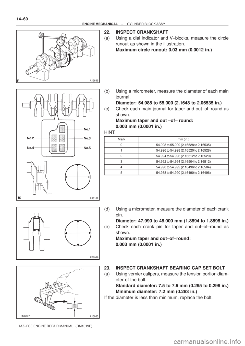 TOYOTA AVENSIS 2005  Service Repair Manual A13859
A38182
ZF6928
EM6347A15065
14±60
± ENGINE MECHANICALCYLINDER BLOCK ASSY
1AZ±FSE ENGINE REPAIR MANUAL   (RM1019E)
22. INSPECT CRANKSHAFT
(a) Using a dial indicator and V±blocks, measure the 