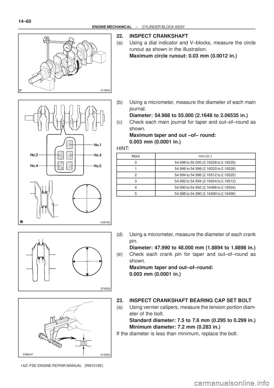 TOYOTA AVENSIS 2005 Service Repair Manual A13859
A38182
ZF6928
EM6347A15065
14±60
± ENGINE MECHANICALCYLINDER BLOCK ASSY
1AZ±FSE ENGINE REPAIR MANUAL (RM1019E)
22. INSPECT CRANKSHAFT
(a) Using a dial indicator and V±blocks, measure the TOYOTA AVENSIS 2005 Service Repair Manual A13859
A38182
ZF6928
EM6347A15065
14±60
± ENGINE MECHANICALCYLINDER BLOCK ASSY
1AZ±FSE ENGINE REPAIR MANUAL (RM1019E)
22. INSPECT CRANKSHAFT
(a) Using a dial indicator and V±blocks, measure the