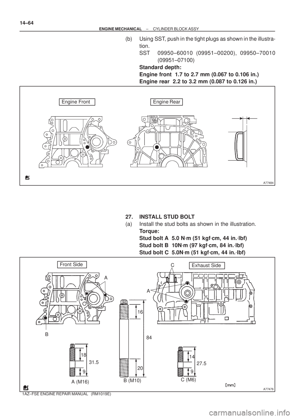 TOYOTA AVENSIS 2005  Service Repair Manual A77484
Engine FrontEngine Rear
A77476
Front Side
B
18
9
A (M16)31.5
A
16
20
B (M10)84
Exhaust SideC
A
9 14
27.5
C (M6) 14±64
± ENGINE MECHANICALCYLINDER BLOCK ASSY
1AZ±FSE ENGINE REPAIR MANUAL   (R