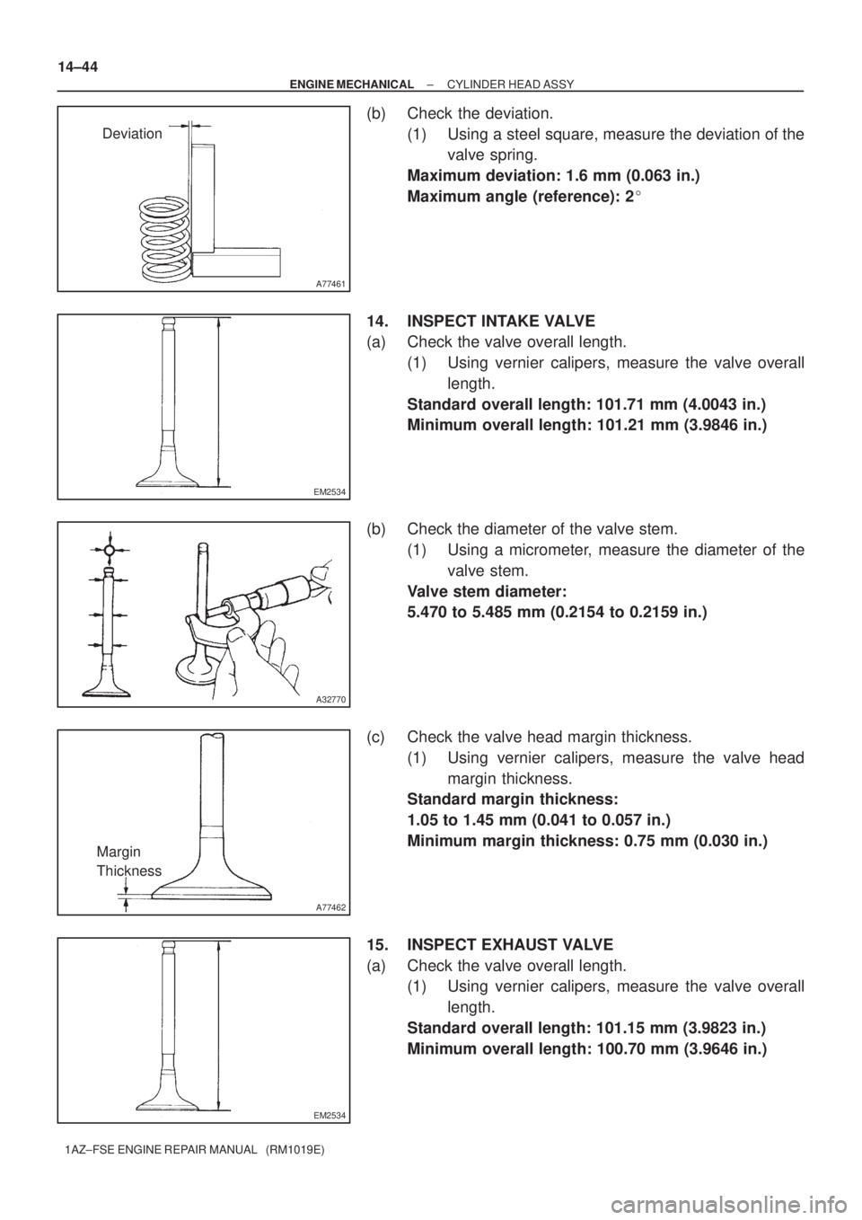 TOYOTA AVENSIS 2005 Service Repair Manual A77461
Deviation
EM2534
A32770
A77462
Margin
Thickness
EM2534
14±44
± ENGINE MECHANICALCYLINDER HEAD ASSY
1AZ±FSE ENGINE REPAIR MANUAL (RM1019E)
(b) Check the deviation.
(1) Using a steel square, TOYOTA AVENSIS 2005 Service Repair Manual A77461
Deviation
EM2534
A32770
A77462
Margin
Thickness
EM2534
14±44
± ENGINE MECHANICALCYLINDER HEAD ASSY
1AZ±FSE ENGINE REPAIR MANUAL (RM1019E)
(b) Check the deviation.
(1) Using a steel square,