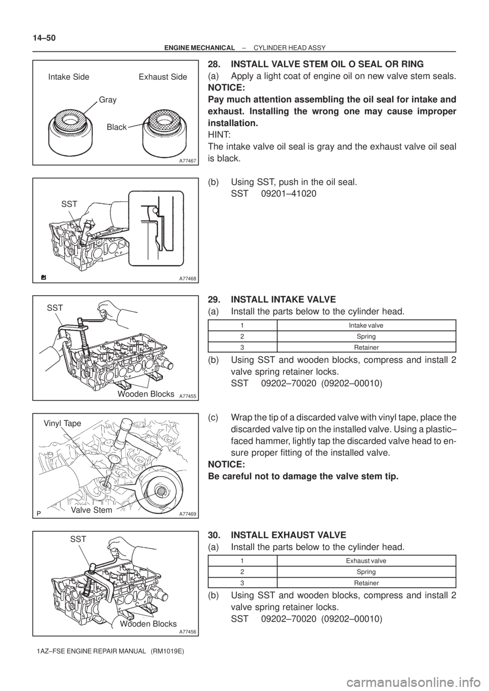 TOYOTA AVENSIS 2005 Service Repair Manual A77467
Intake Side Exhaust Side
Gray
Black
A77468
SST
A77455
SST
Wooden Blocks
A77469
Vinyl Tape
Valve Stem
A77456
SST
Wooden Blocks 14±50
± ENGINE MECHANICALCYLINDER HEAD ASSY
1AZ±FSE ENGINE REPAI TOYOTA AVENSIS 2005 Service Repair Manual A77467
Intake Side Exhaust Side
Gray
Black
A77468
SST
A77455
SST
Wooden Blocks
A77469
Vinyl Tape
Valve Stem
A77456
SST
Wooden Blocks 14±50
± ENGINE MECHANICALCYLINDER HEAD ASSY
1AZ±FSE ENGINE REPAI