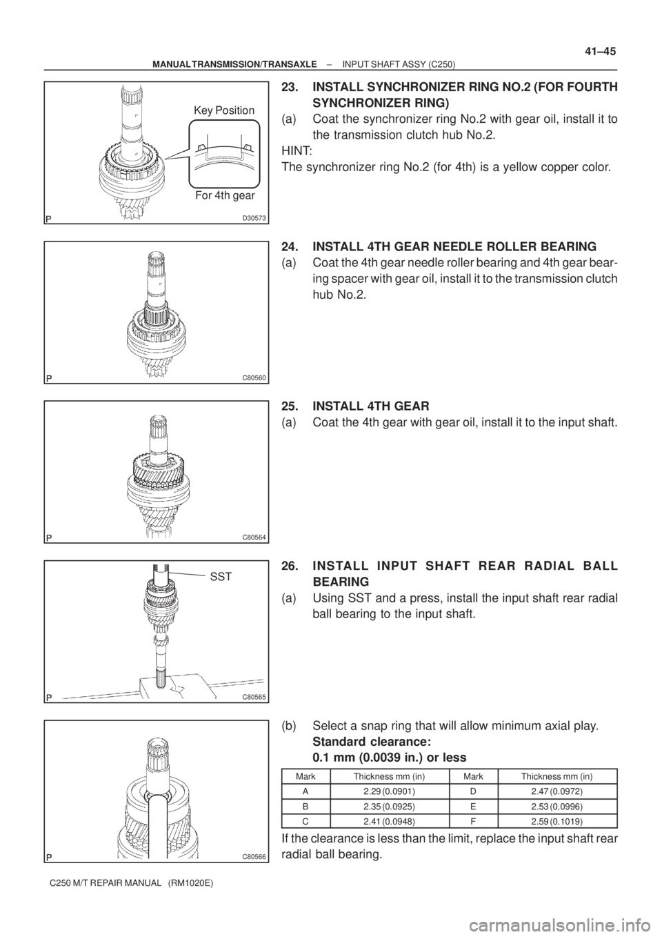 TOYOTA AVENSIS 2005  Service Repair Manual D30573
Key Position
For 4th gear
C80560
C80564
C80565
SST
C80566
± MANUAL TRANSMISSION/TRANSAXLEINPUT SHAFT ASSY (C250)
41±45
C250 M/T REPAIR MANUAL   (RM1020E)
23. INSTALL SYNCHRONIZER RING NO.2 (F