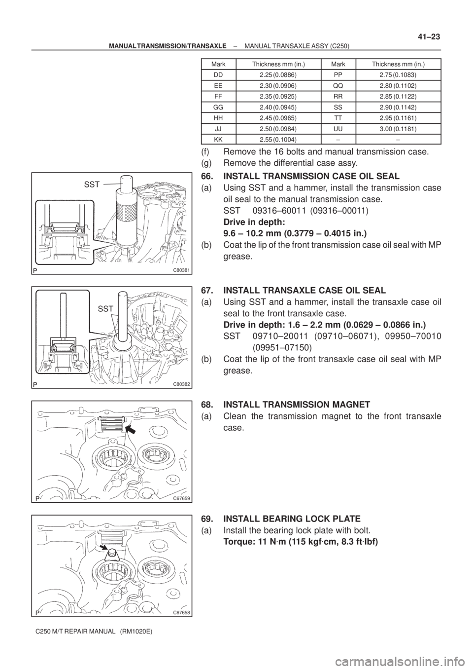 TOYOTA AVENSIS 2005  Service Repair Manual C80381
SST
C80382
SST
C67659
C67658
± MANUAL TRANSMISSION/TRANSAXLEMANUAL TRANSAXLE ASSY (C250)
41±23
C250 M/T REPAIR MANUAL   (RM1020E)Mark Thickness mm (in.)Mark Thickness mm (in.)
DD2.25 (0.0886)